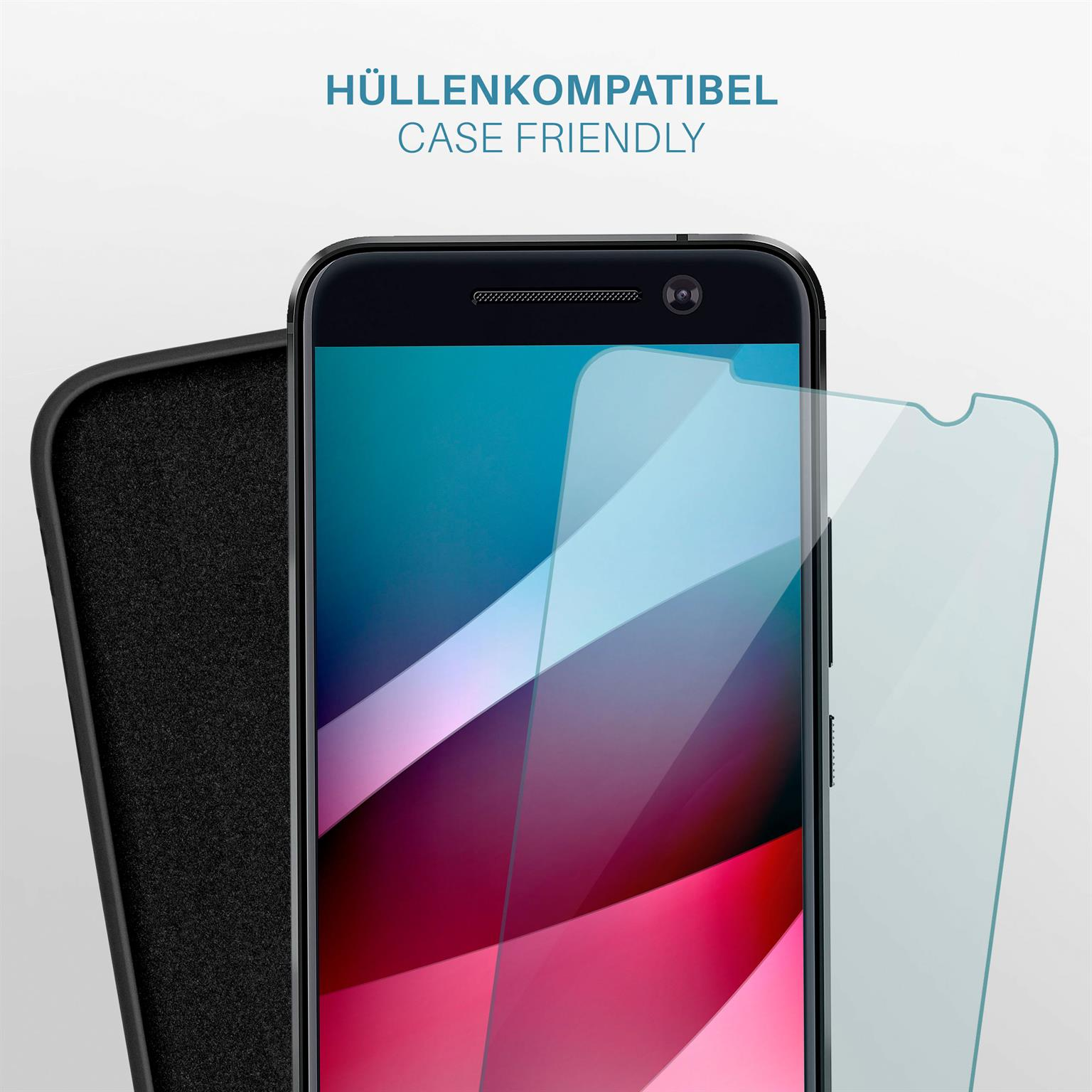 Ein Telefon mit Displayschutzfolie, schwarzer Hülle und daneben eine Displayschutzfolie, alles auf weißem Untergrund.