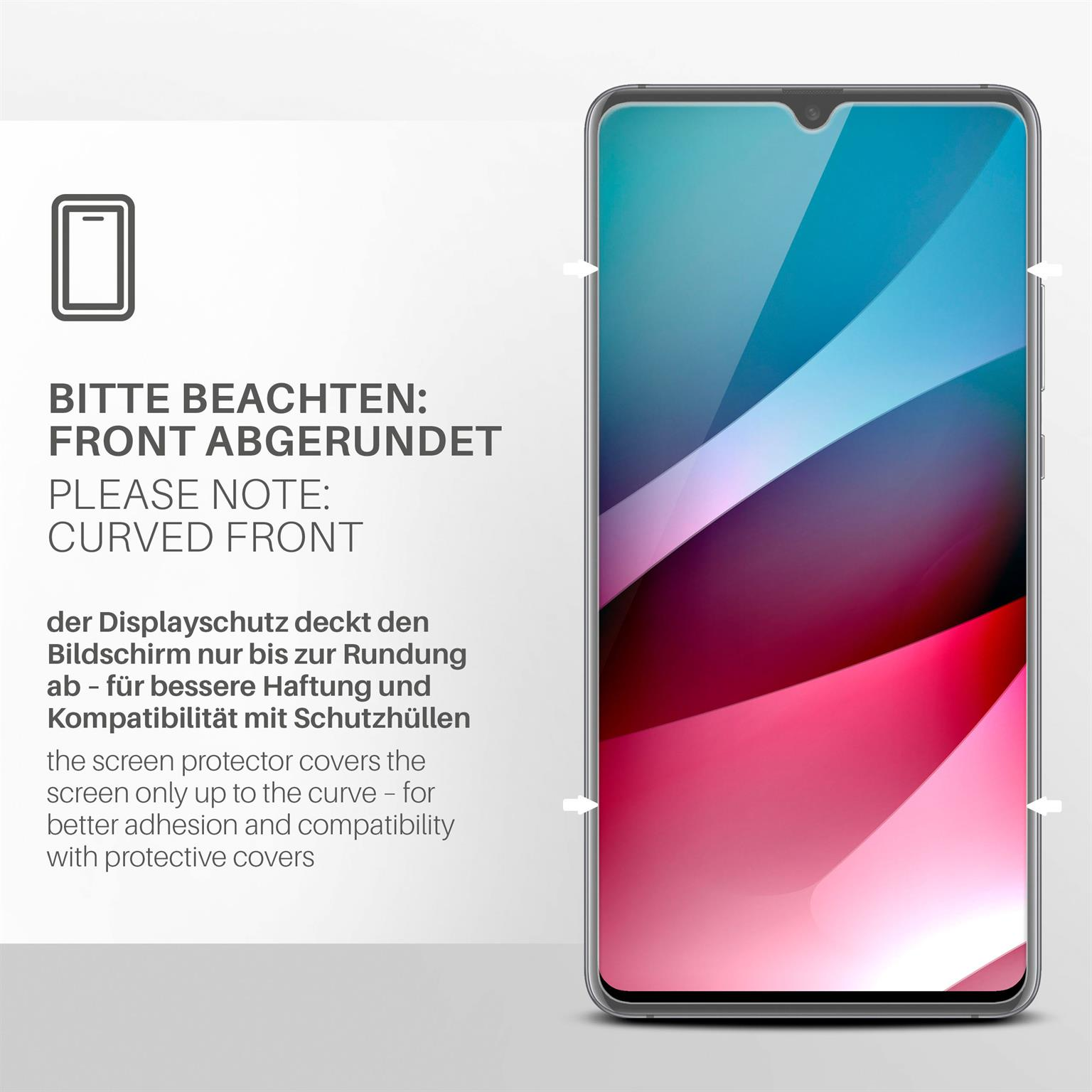 Handy-Bildschirm mit Text, gewölbte Front und Pfeile. Der Schutz ist auf dem Bildschirm.