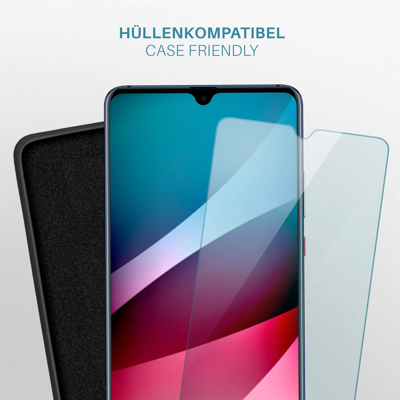 Ein Smartphone mit Displayschutzfolie und Hülle, zeigt case-freundliches Design.