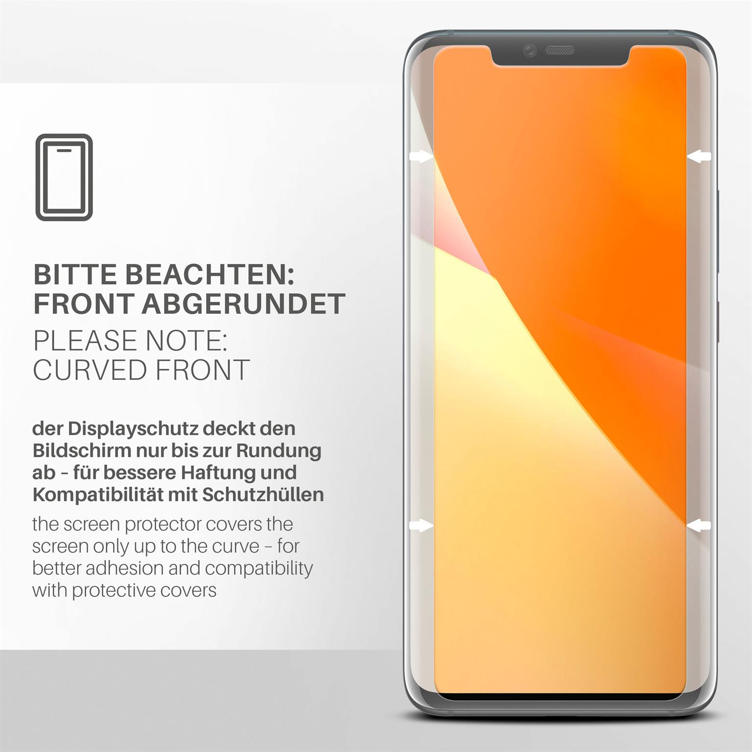 Telefon mit gebogenem Frontbildschirmschutz. Text auf Deutsch/Englisch.