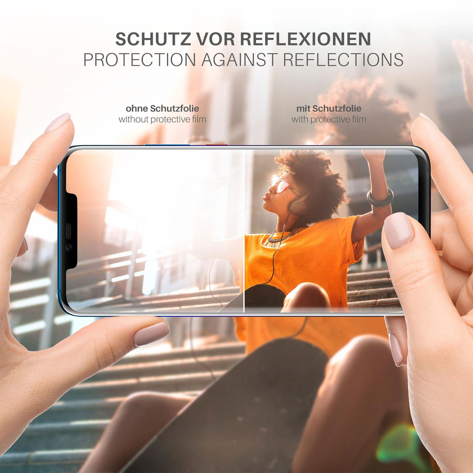 Ein Telefonbildschirm, der eine Frau mit Kopfhörern vor einem Fenster zeigt, und eine Seite leer.