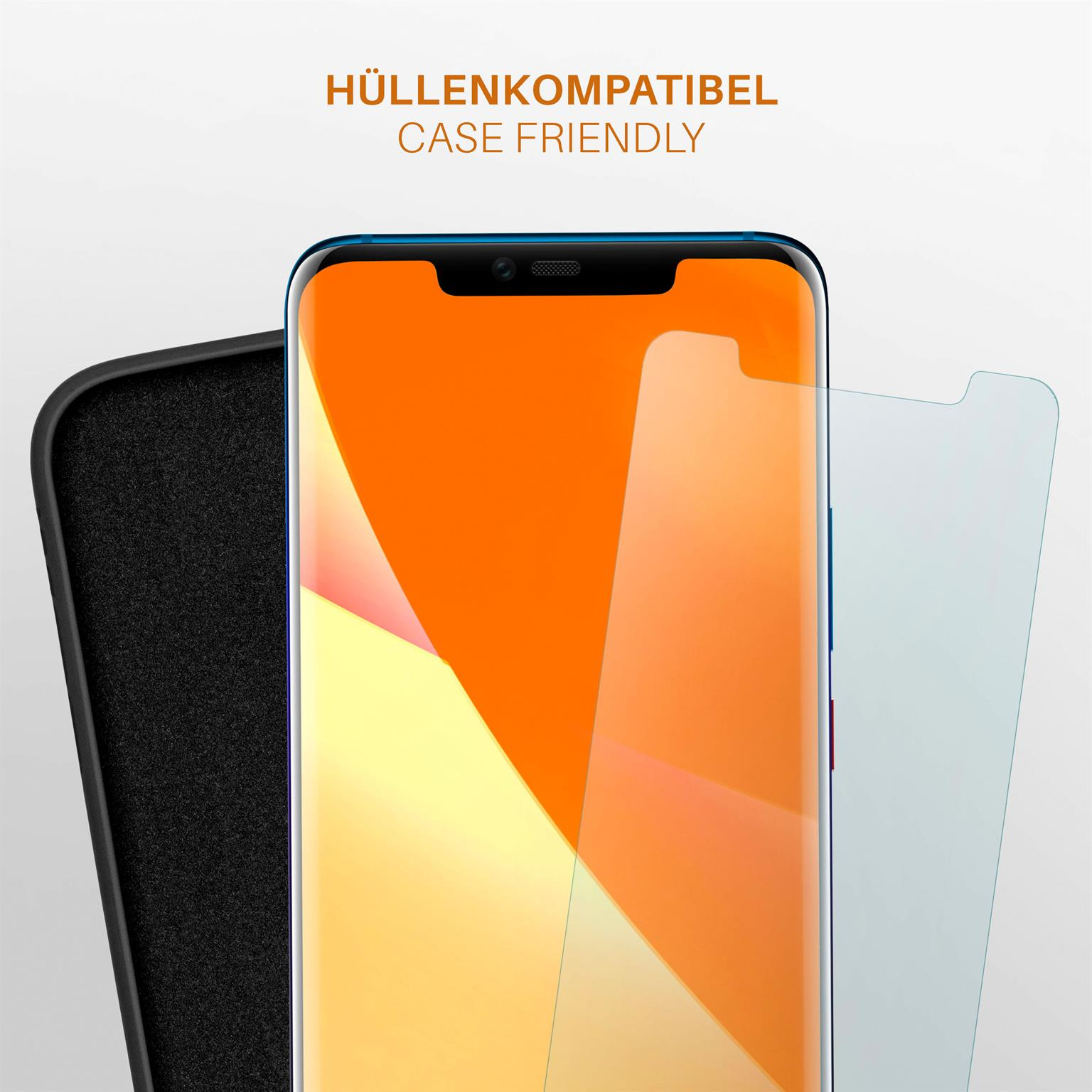 Ein Smartphone mit Displayschutzfolie und einer schwarzen Handyhülle. Der Bildschirm zeigt einen orangefarbenen Farbverlauf.