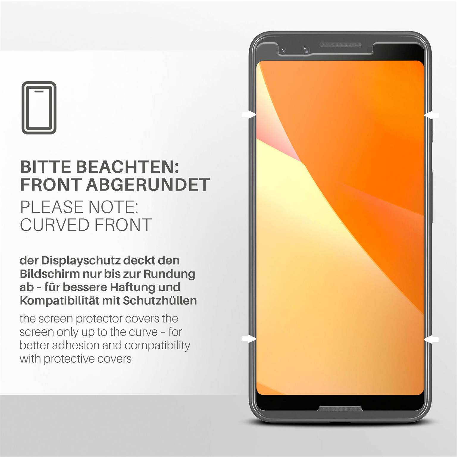 Schwarzes Telefon mit Displayschutz. Text: Abgerundete Front. Schutz bis zur Rundung.