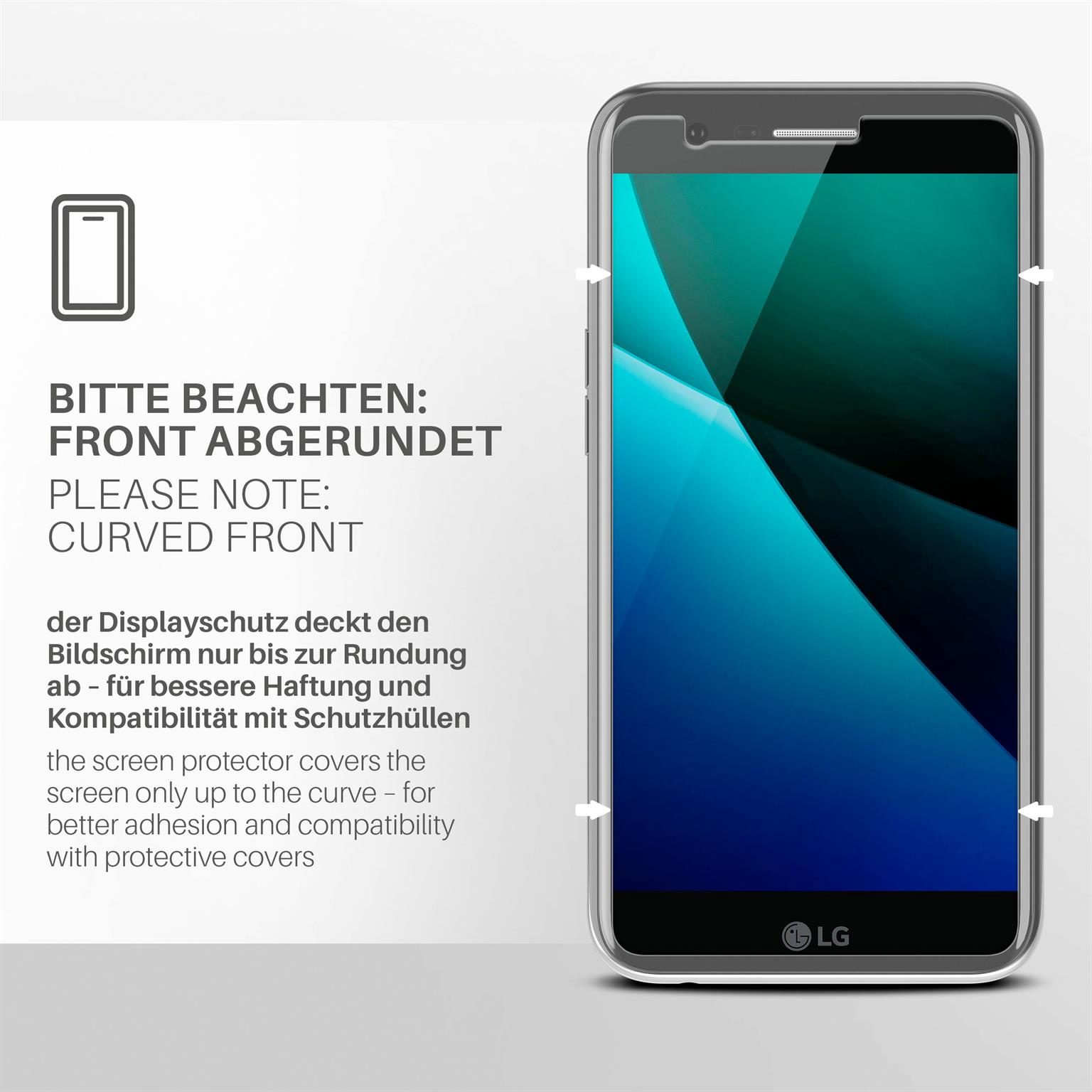 Smartphone mit Displayschutzfolie, abgerundete Front. Informationstext zur Displayschutzabdeckung und Krümmung.