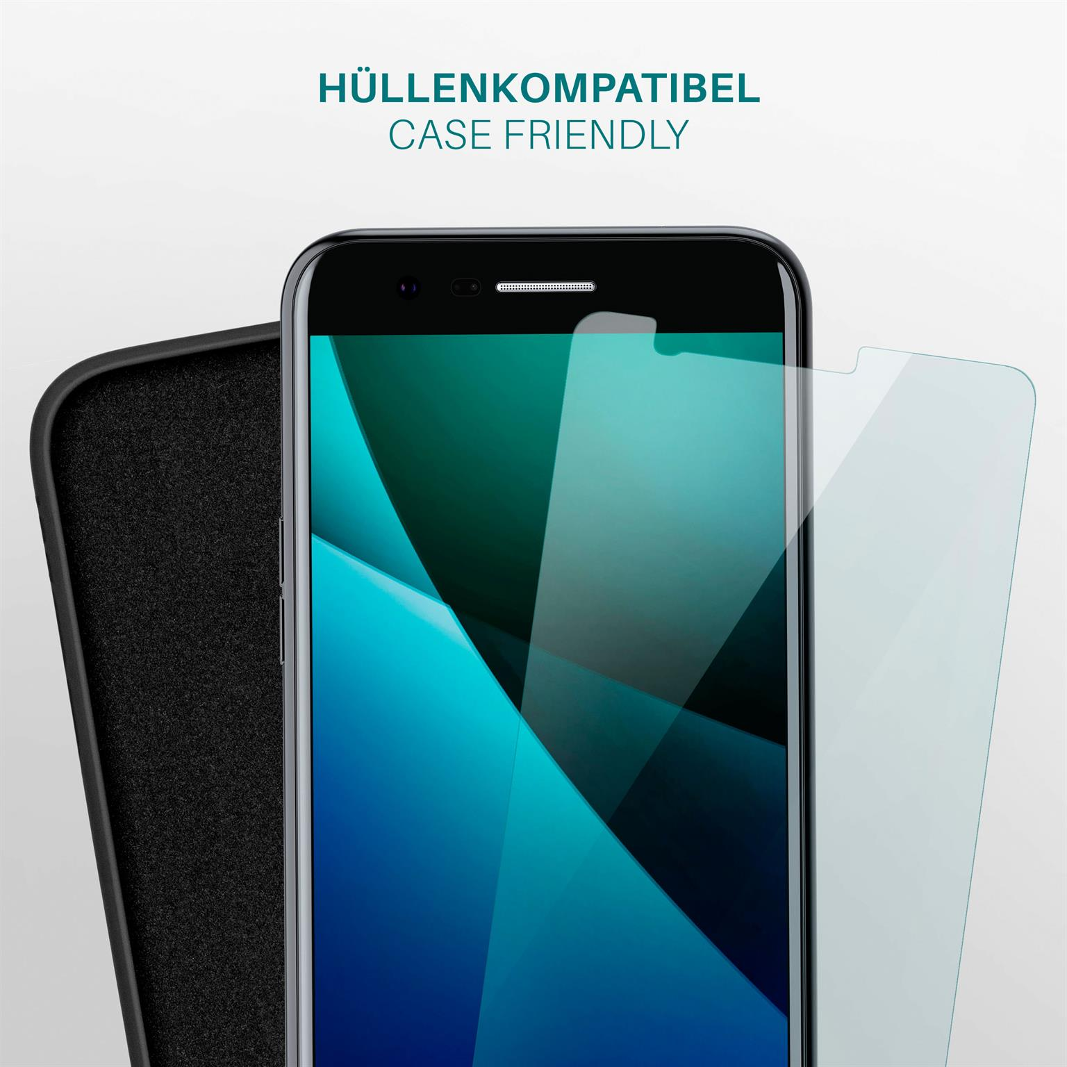Ein Telefon mit Displayschutzfolie und Hülle, das das hüllenfreundliche Design zeigt.