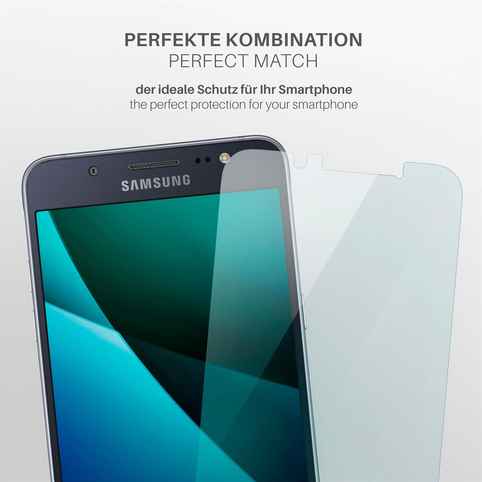 Ein Telefon mit angebrachter Displayschutzfolie. Text sagt 'perfekte Kombination'.