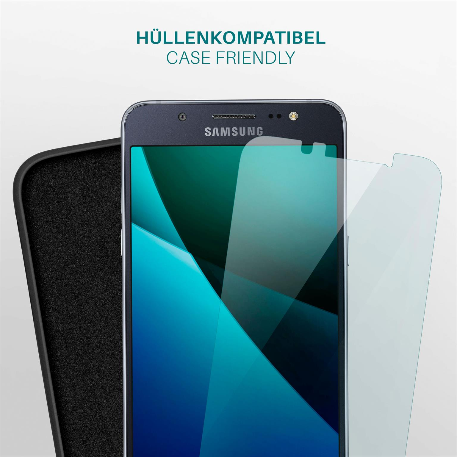Samsung-Smartphone mit Displayschutzfolie. Links ist eine schwarze Hülle.