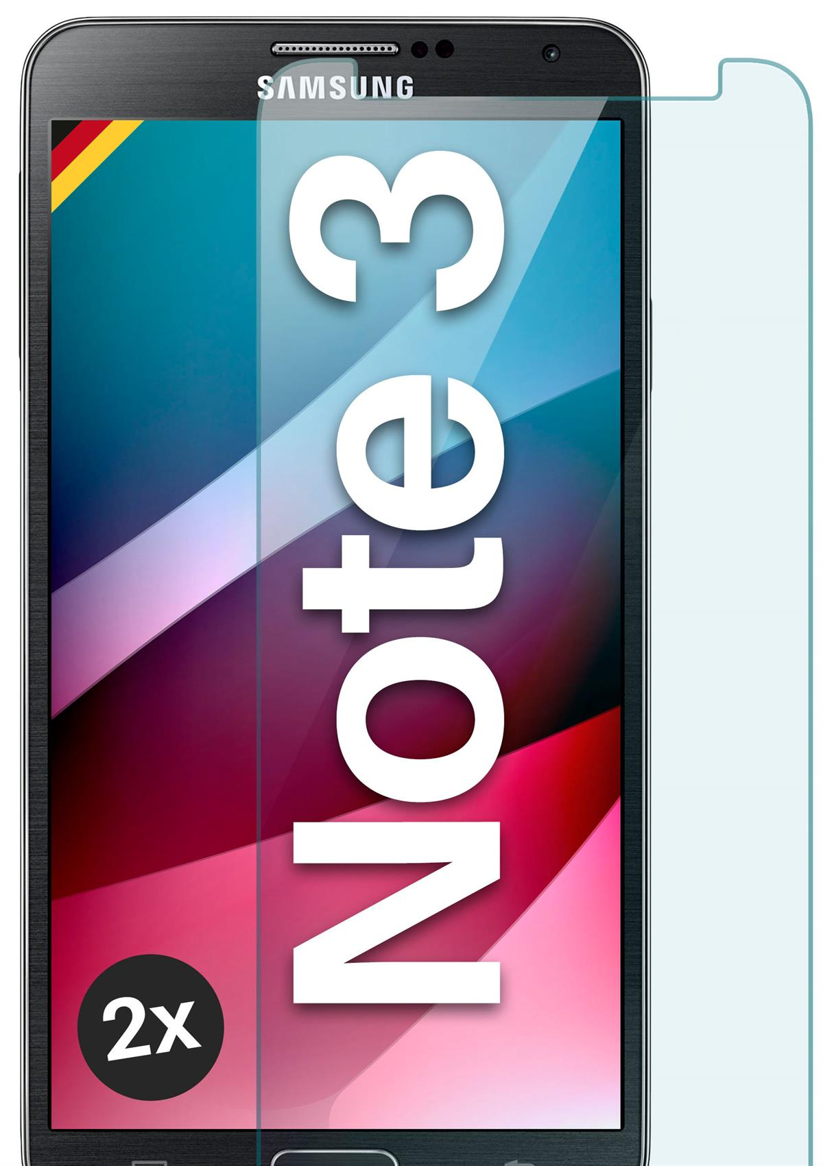 Schwarzes Smartphone mit Displayschutz. Text: Note 3. Text auf dem Schutz: Folie Matt 2x.