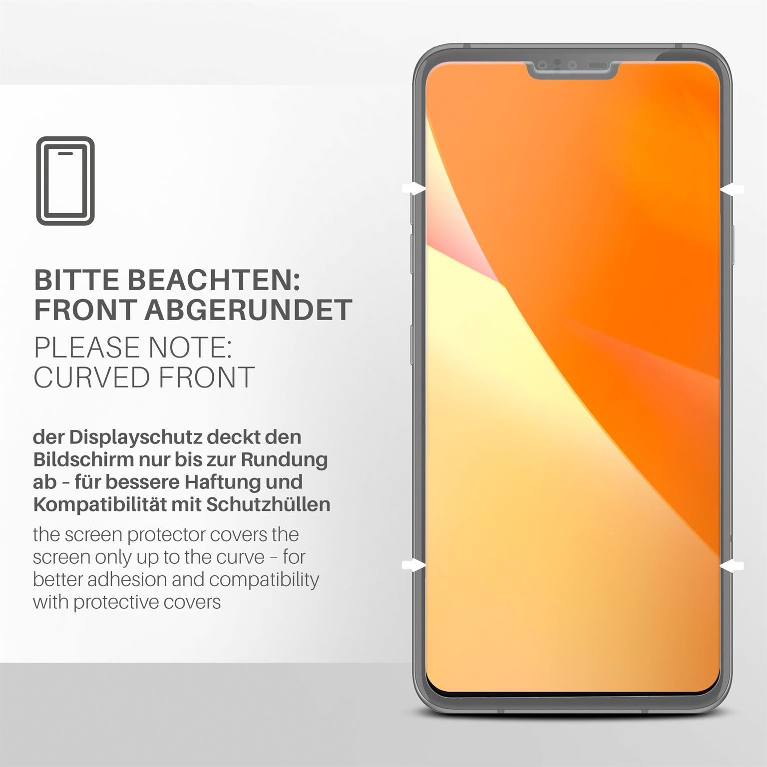 Ein Telefon mit orangefarbenem Bildschirm wird mit einem Schutz gezeigt. Text: Bitte beachten: Gebogene Front.