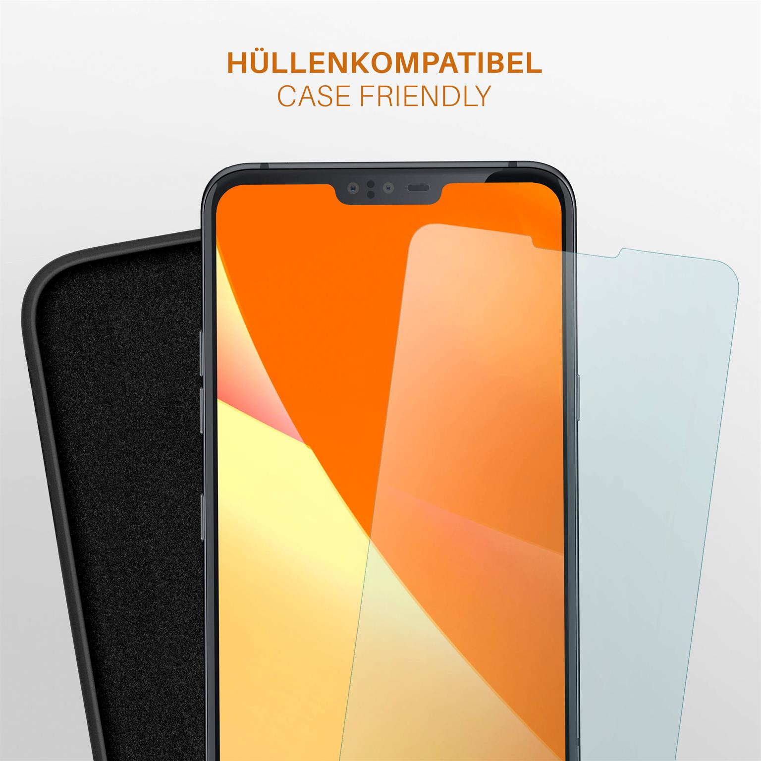 Telefon mit Displayschutz und Hülle. Text: Hüllenfreundlich. Telefon ist orange mit aufgetragenem Displayschutz.