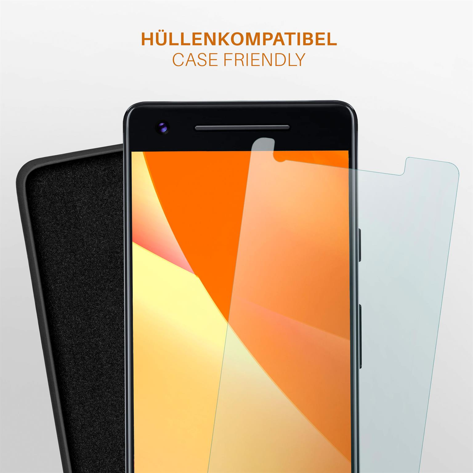 Telefon mit Displayschutz und Hülle. Text: Hüllenkompatibel. Telefon ist orange und gelb mit Schutz.