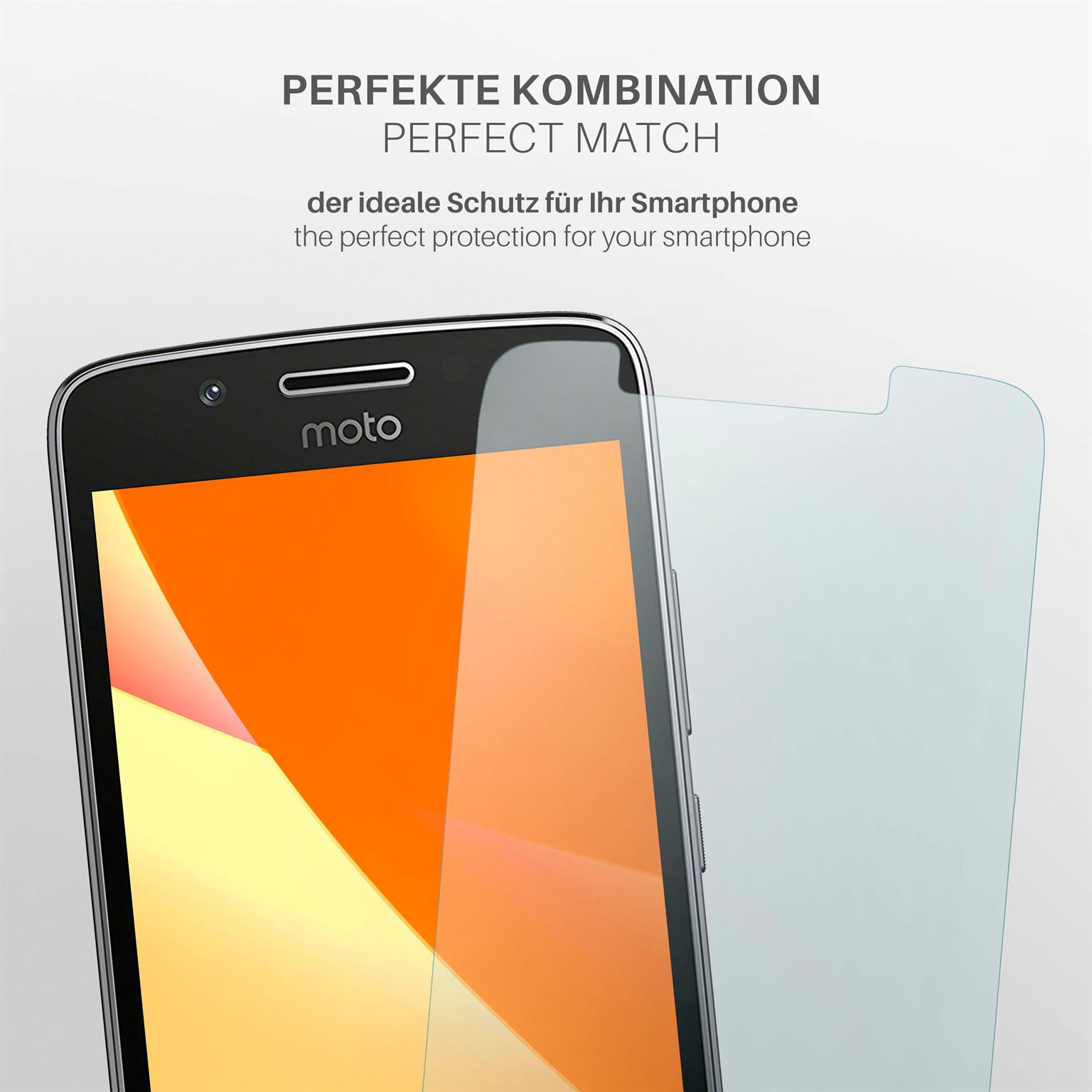 Telefon mit Displayschutz. Das Telefon hat einen orangefarbenen Farbverlauf auf dem Bildschirm.