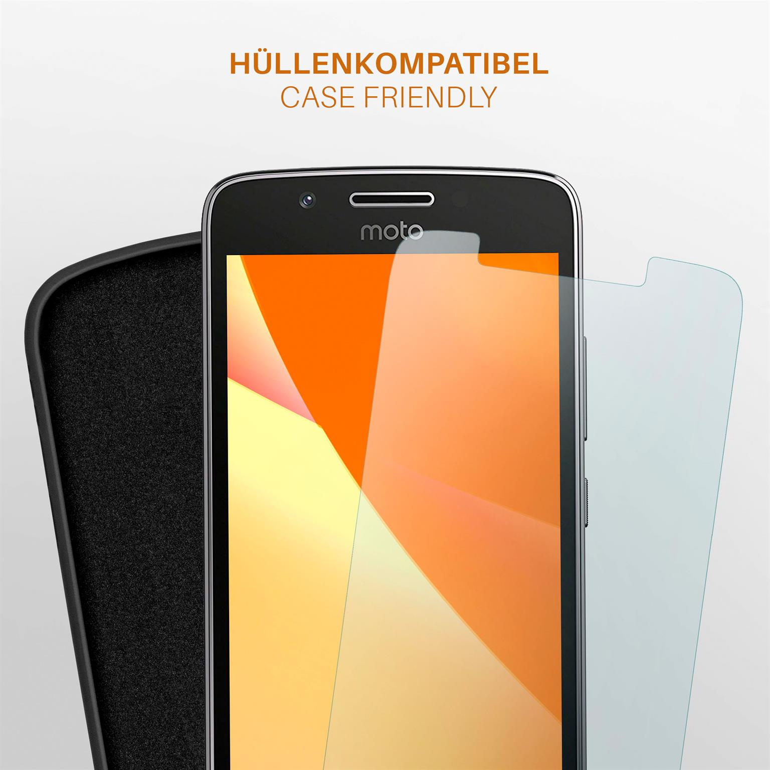 Telefon mit Displayschutz und Hülle. Text: Hüllenkompatibel. Telefon ist orange und gelb mit Schutz.