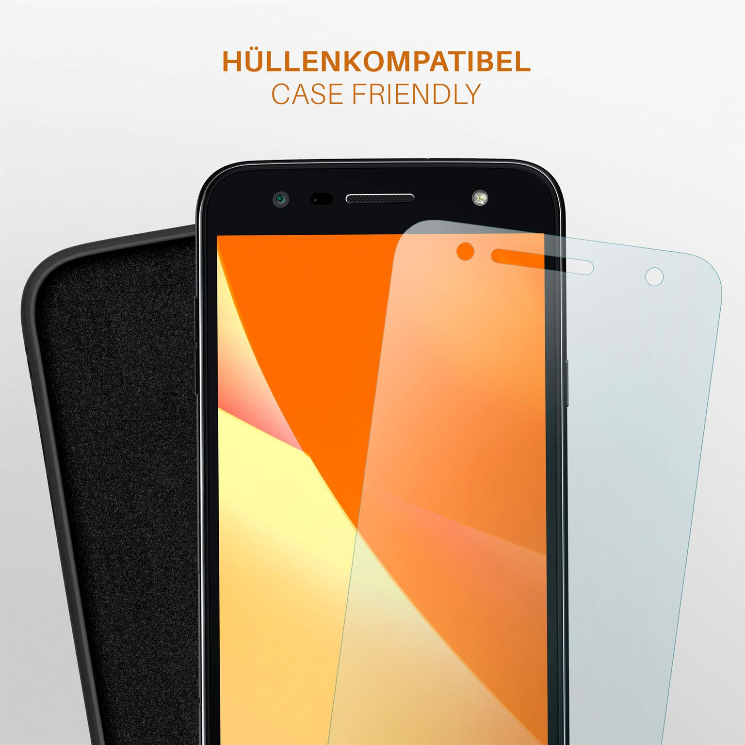 Telefonschirm mit Displayschutzfolie und Hülle. Text: Hüllenkompatibel.
