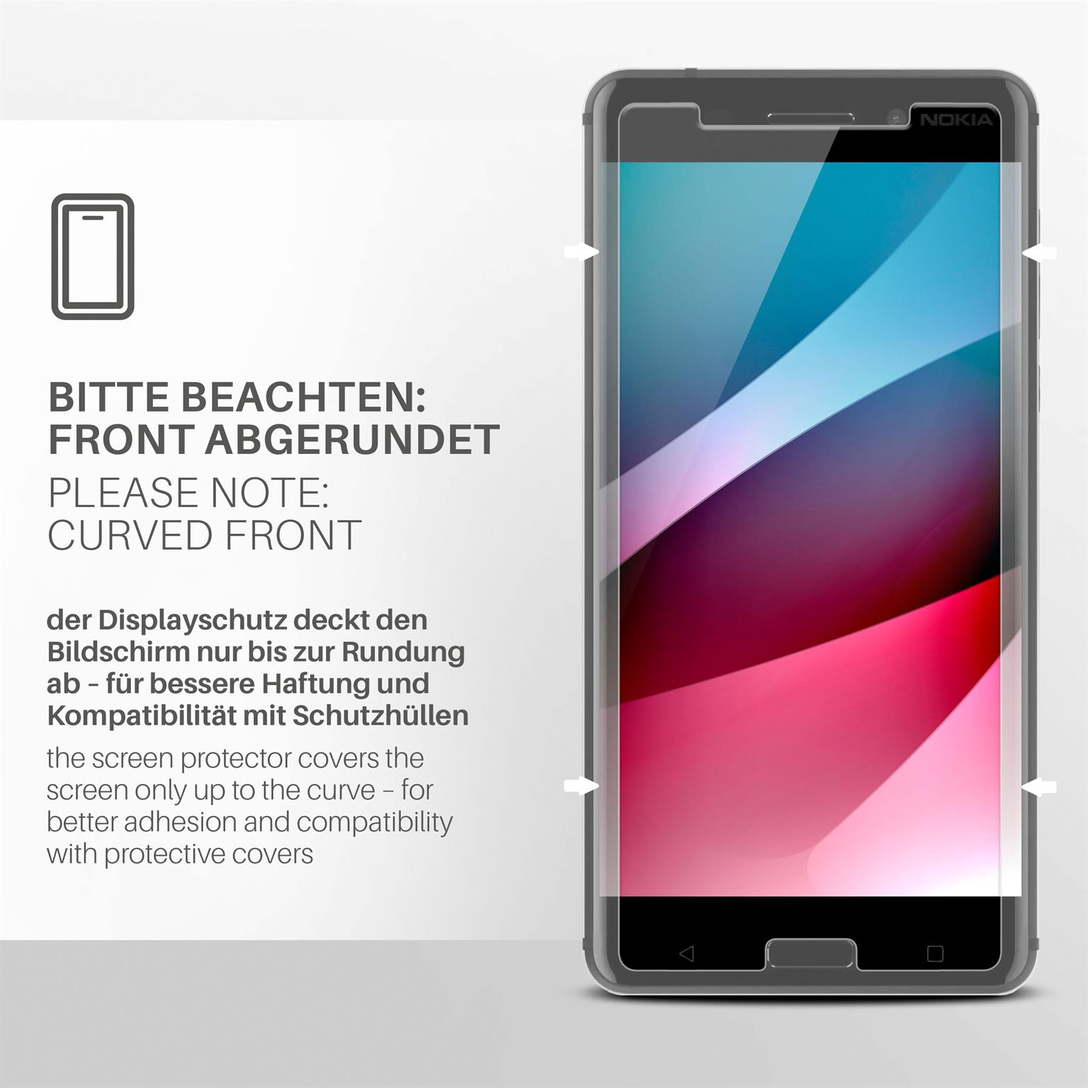 Ein Telefon mit Displayschutz, schwarzem Rahmen und gewölbter Front. Der Bildschirm zeigt eine farbenfrohe Grafik.