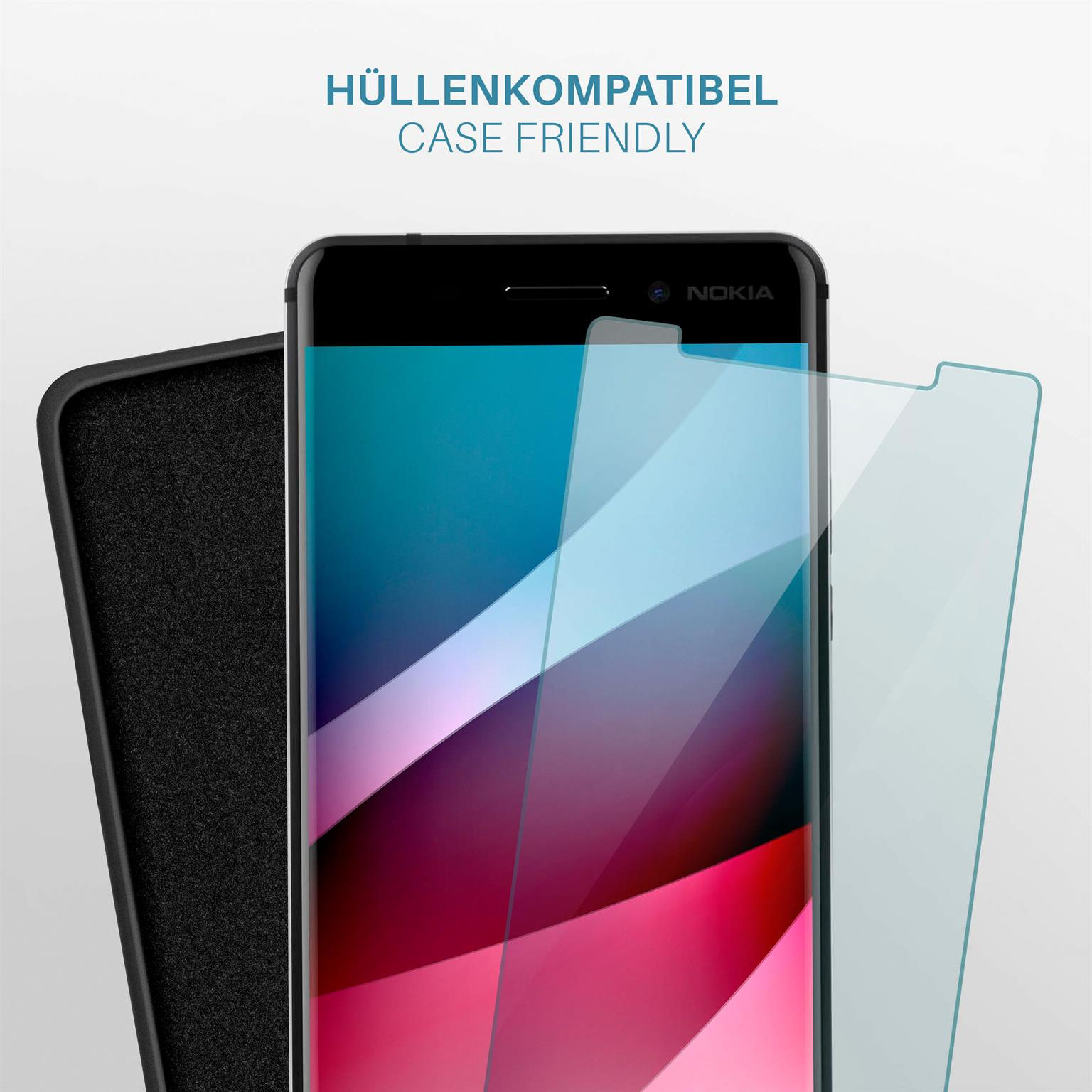 Ein Telefon mit Displayschutz und Hülle. Die Hülle ist links, der Schutz auf dem Bildschirm.