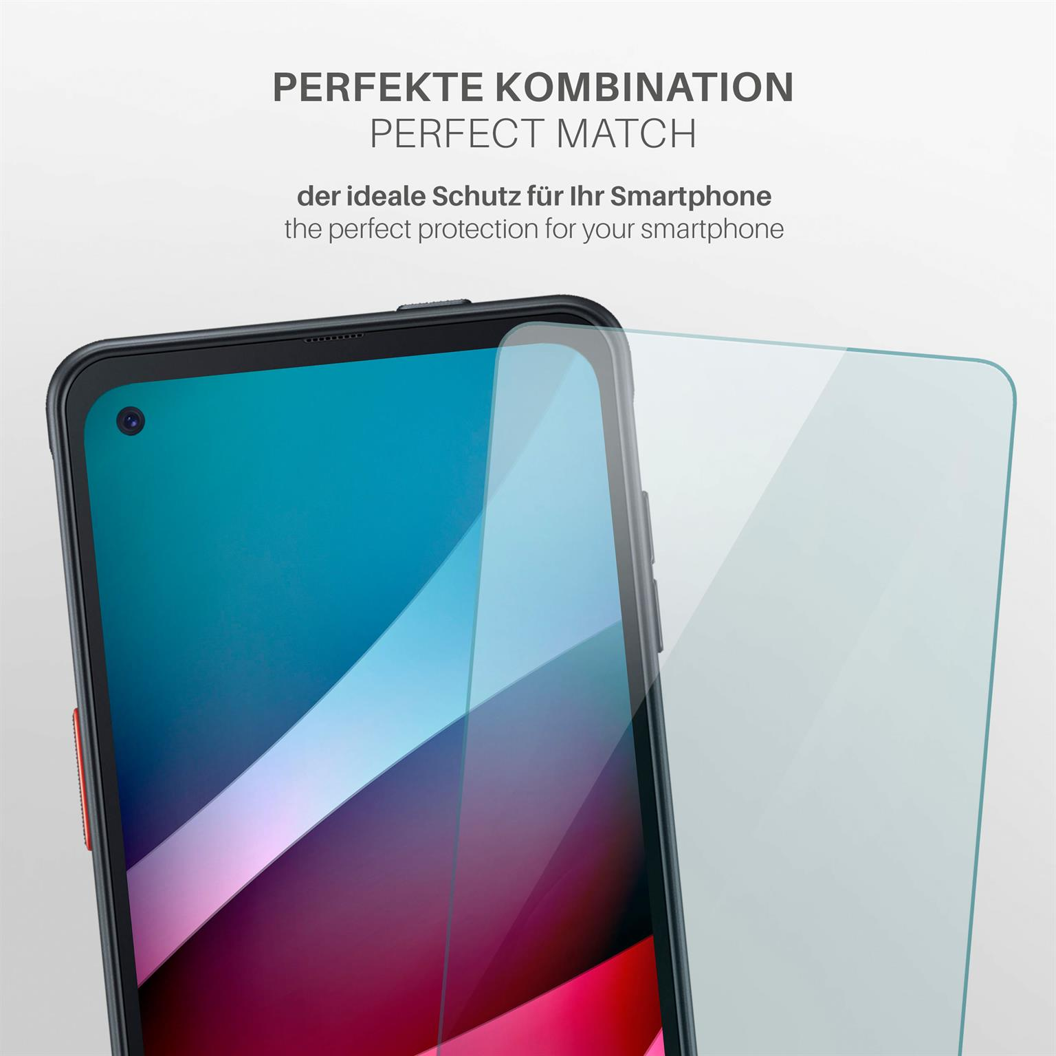 Ein Smartphone, auf das ein Displayschutz angebracht wird. Das Telefon ist schwarz mit rotem Akzent.