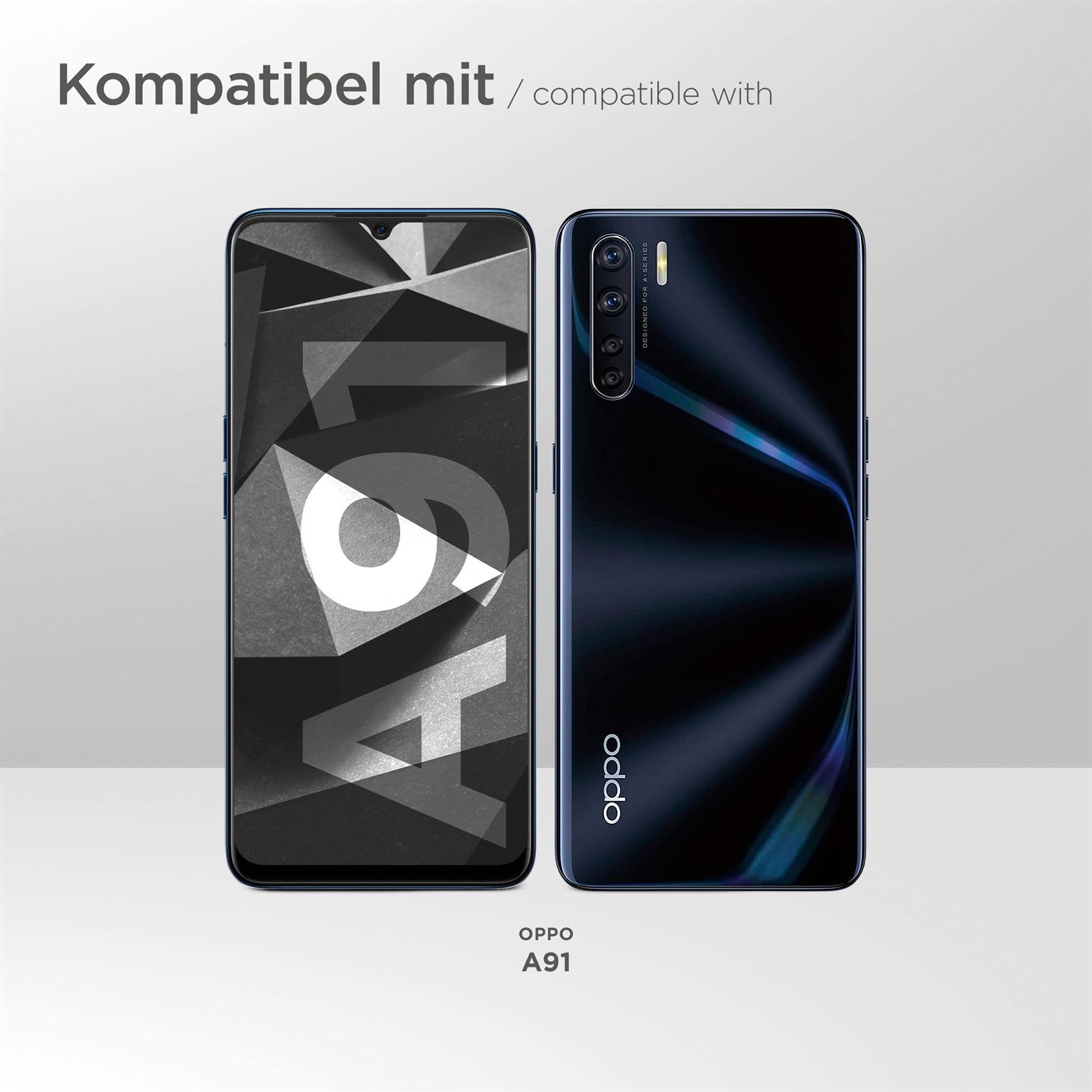 Zwei Telefone, eines vorne und eines hinten, mit dem Text: Kompatibel mit OPPO A91.
