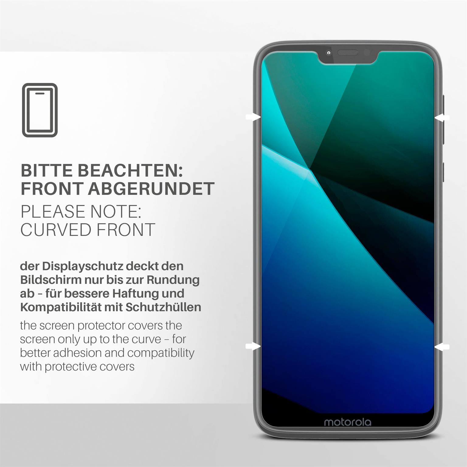 Ein Smartphone mit gebogener Vorderseite und Displayschutz. Das Telefon hat das 'motorola'-Logo.