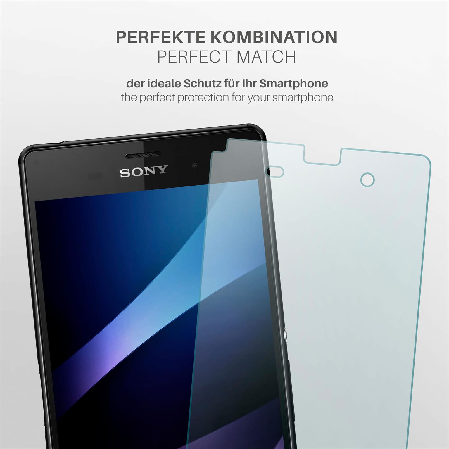 Telefon mit Displayschutzfolie, und die Displayschutzfolie wird angebracht. Text auf dem Bildschirm sagt Sony.
