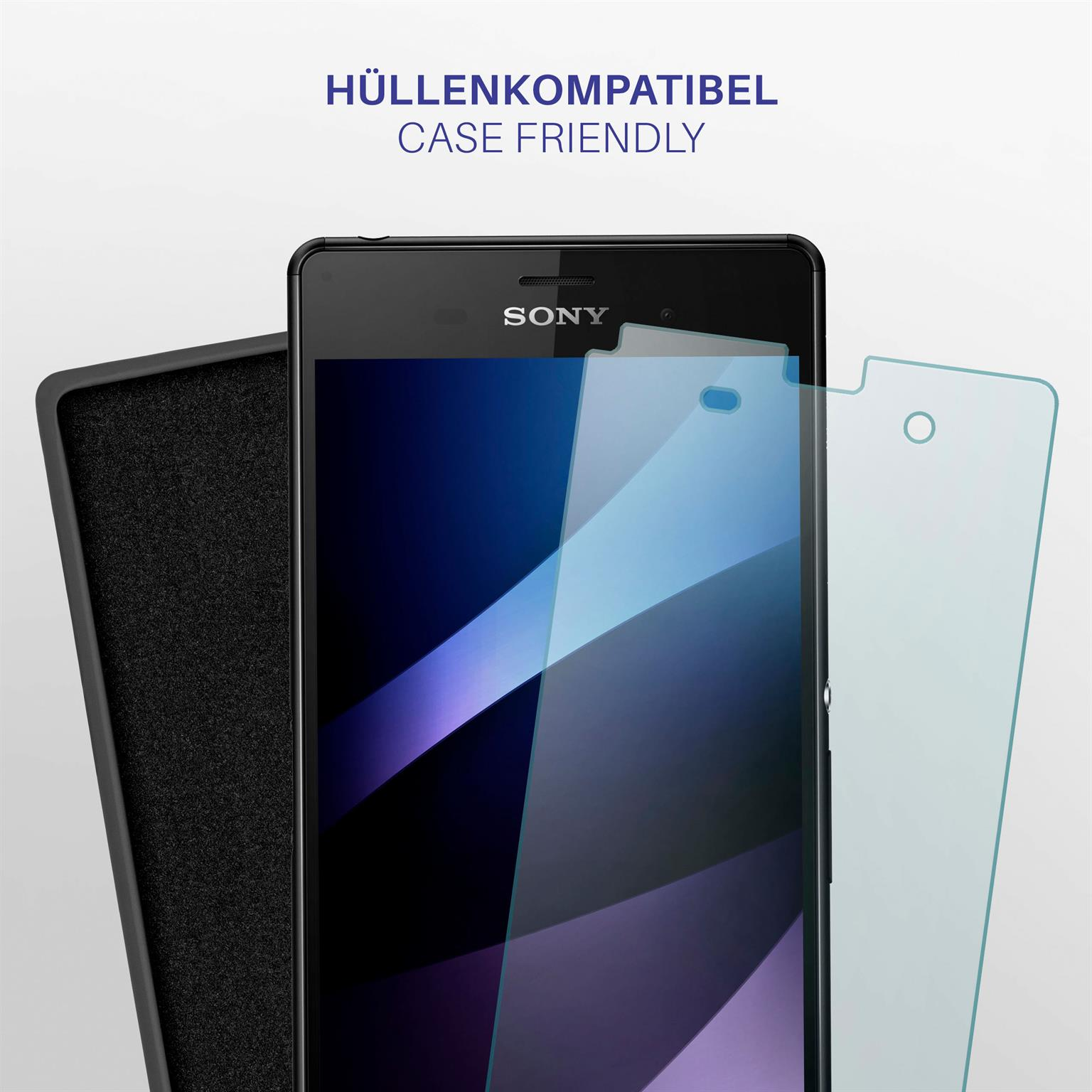 Telefonbildschirm mit angebrachtem Displayschutz, Text: Gehäusefreundlich.