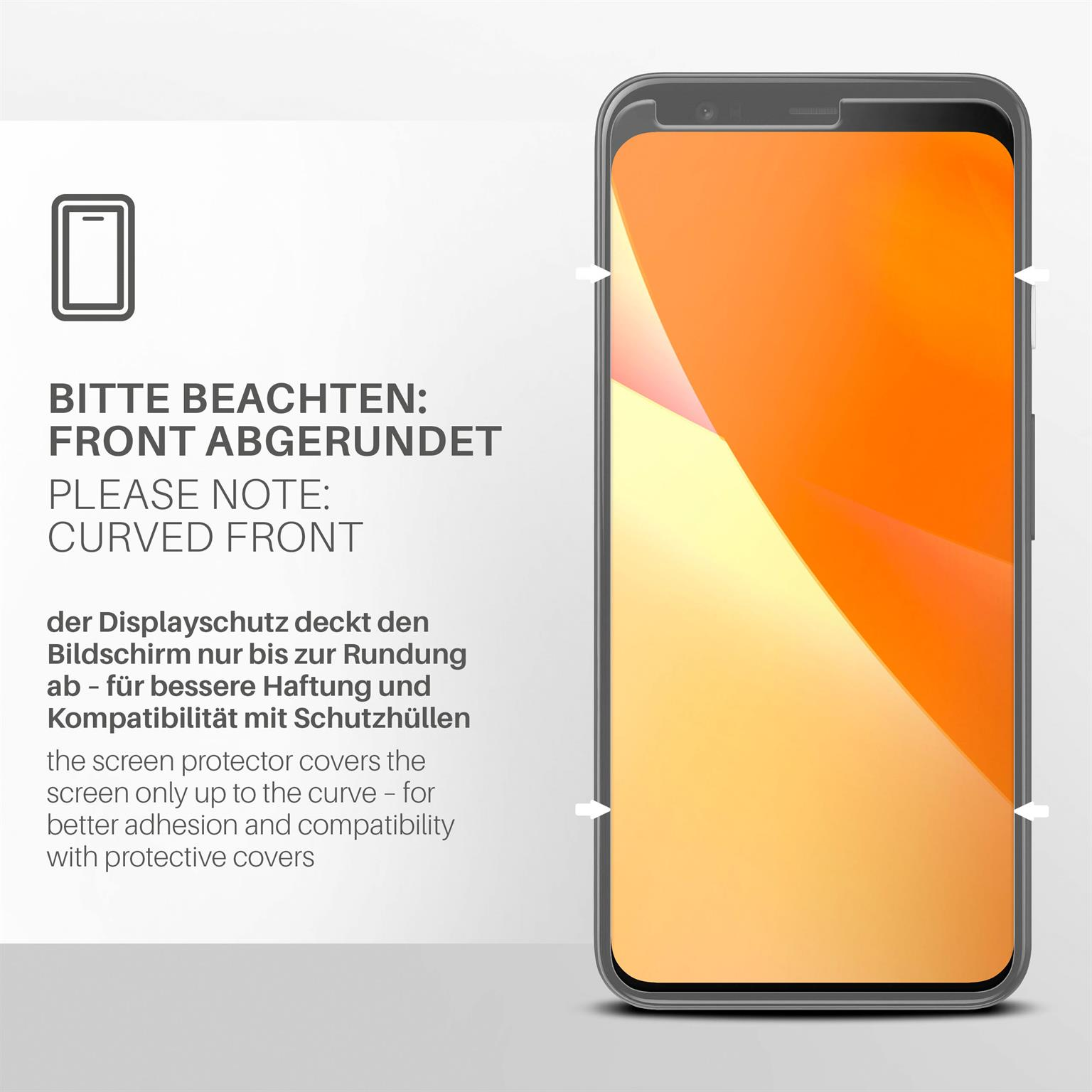 Ein Telefon mit abgerundeter Front wird gezeigt. Text erklärt, dass der Displayschutz nur die Kurve abdeckt.