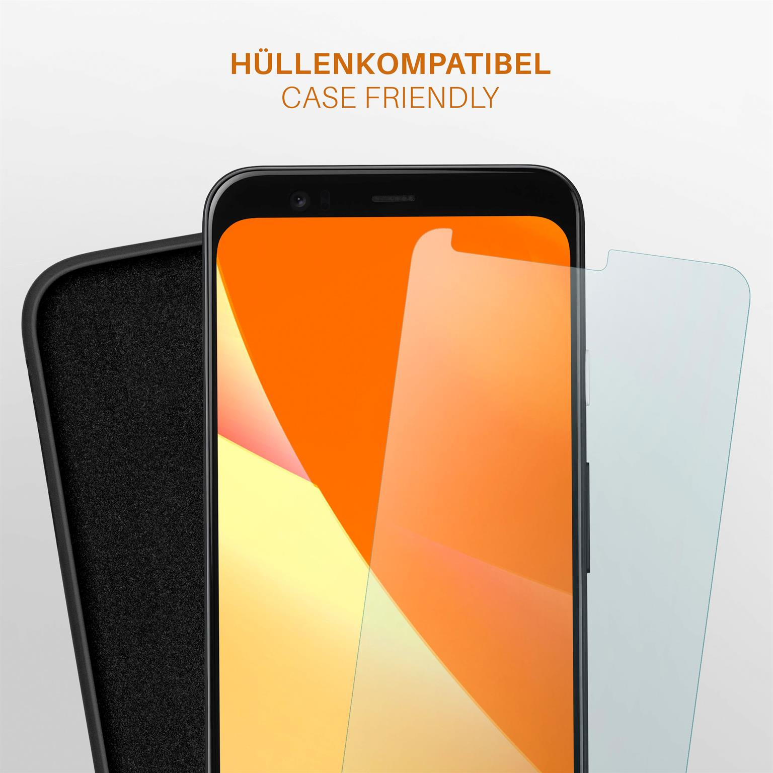Ein Telefon, eine Hülle und eine Displayschutzfolie, alles hüllenfreundlich. Der Bildschirm ist orange.