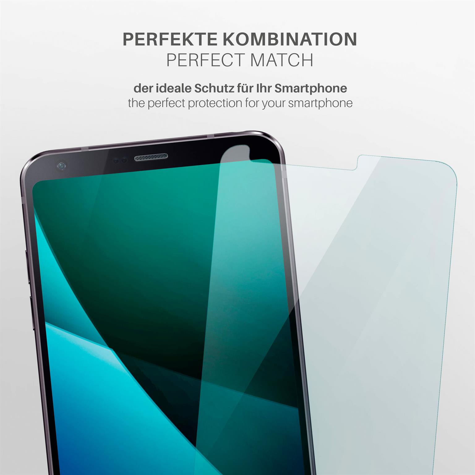 Smartphone mit angebrachtem Displayschutz. Text: perfekte Kombination, idealer Schutz.