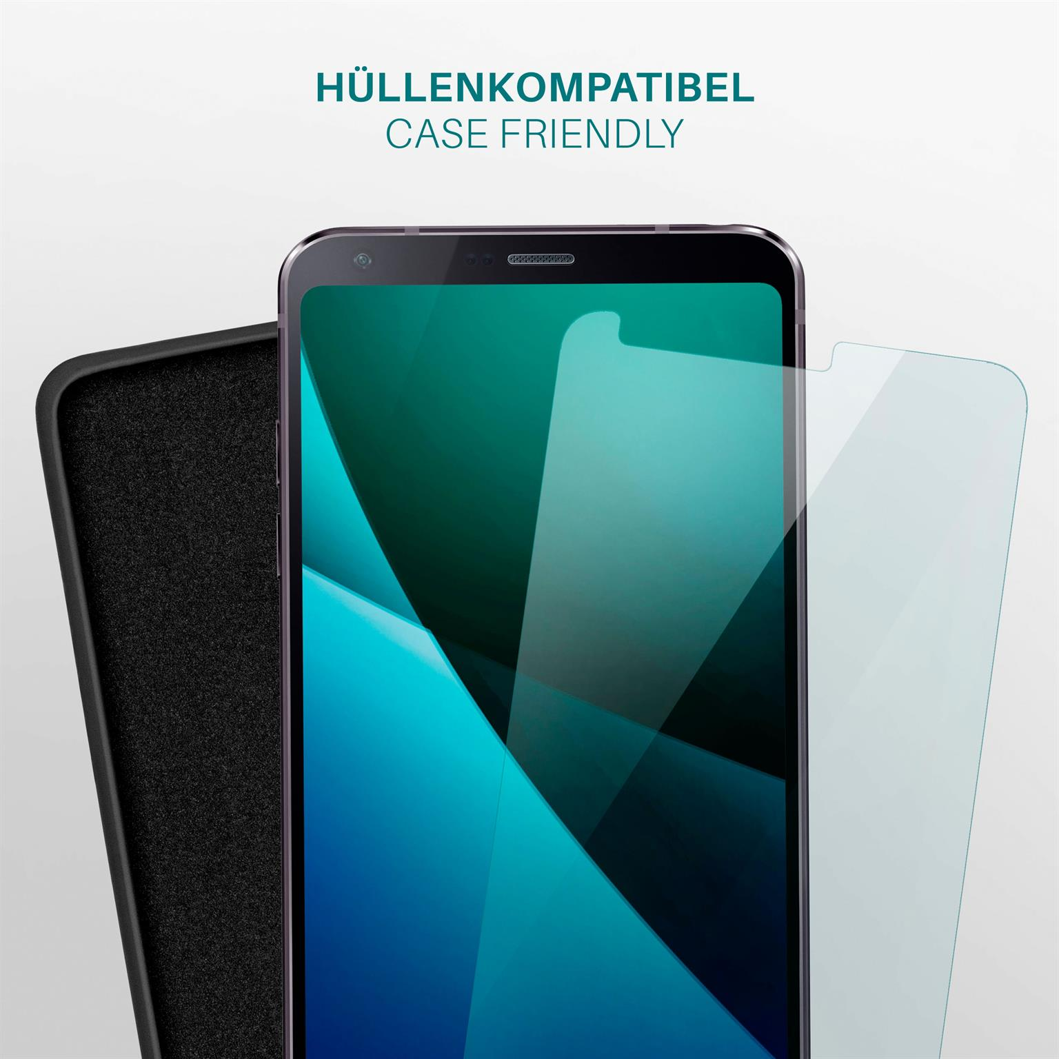 Ein Telefon mit Displayschutzfolie und Hülle. Der Text oben lautet 'Hüllenkompatibel'.