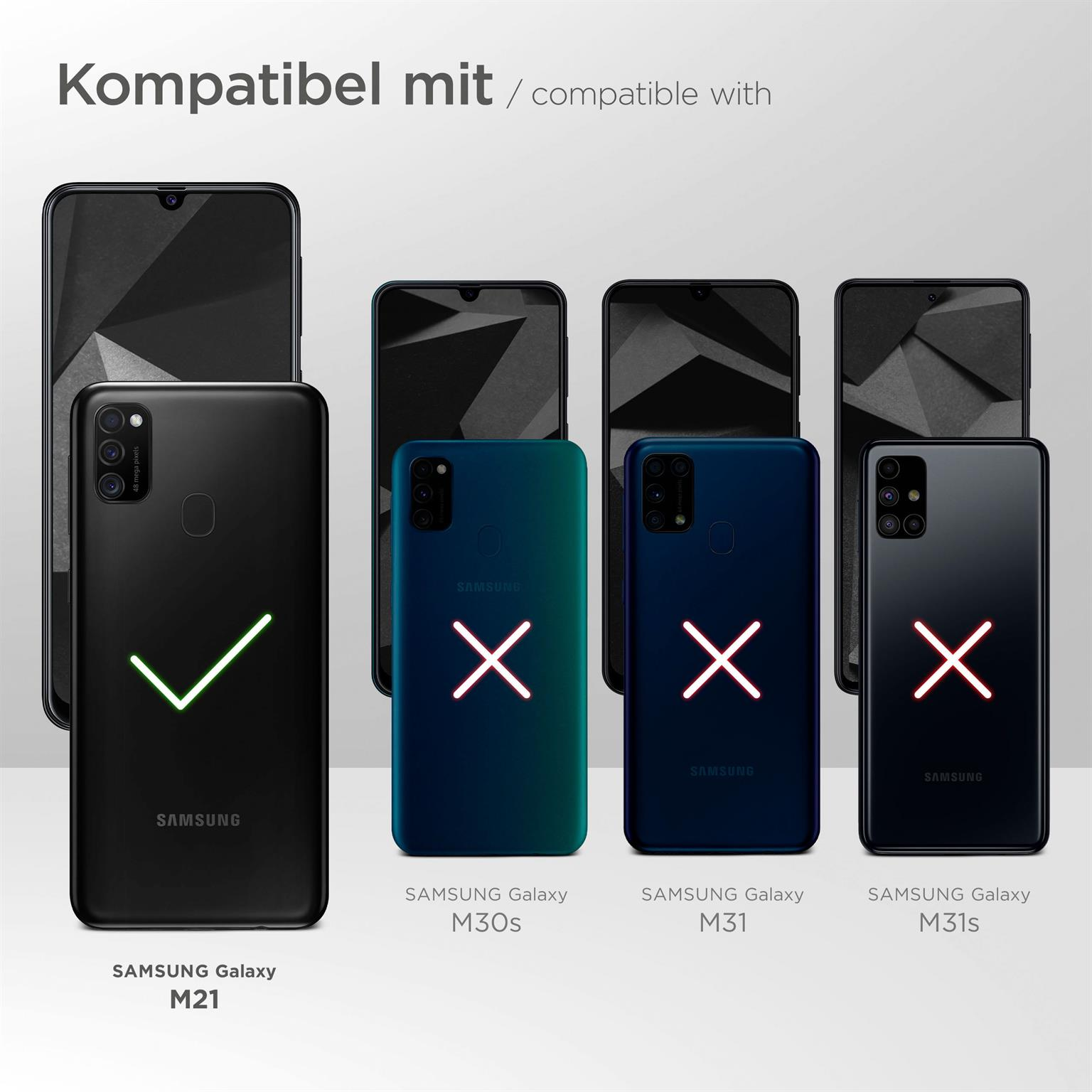 Bild zeigt kompatible Telefone mit Samsung M21. Inkompatibel mit M30s, M31, M31s.
