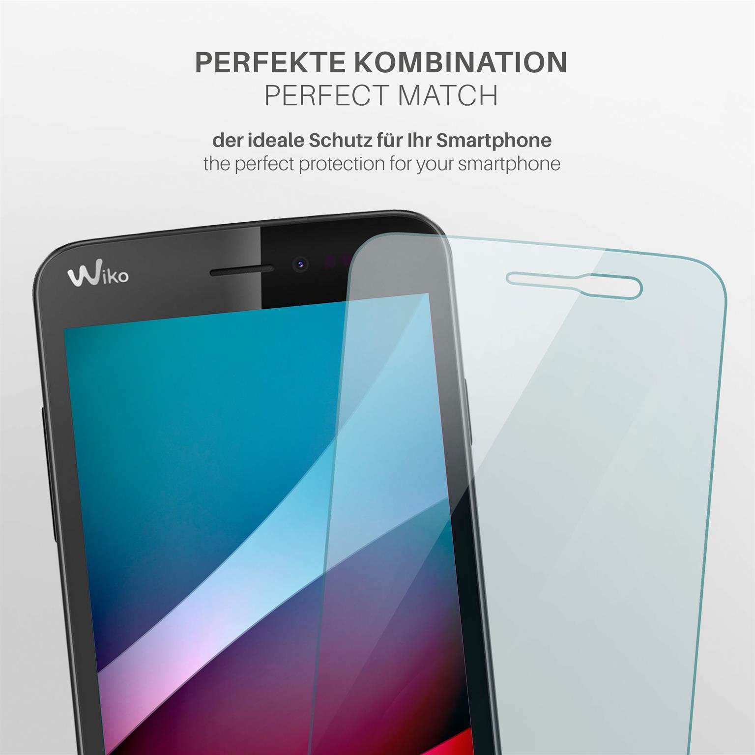 Wiko-Telefon mit Displayschutz. Schutzglas wird auf den Bildschirm gelegt.