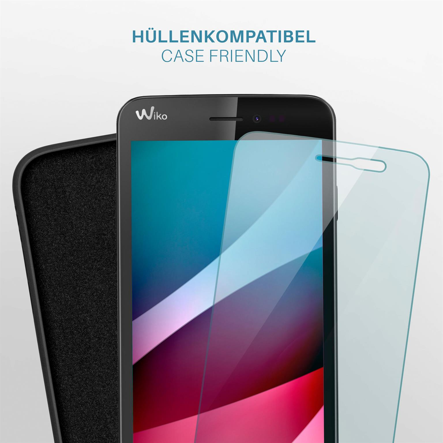 Ein Telefon mit Displayschutz und Hülle. Der Bildschirm zeigt blaue und rosa Farbverläufe. Die Hülle ist schwarz.