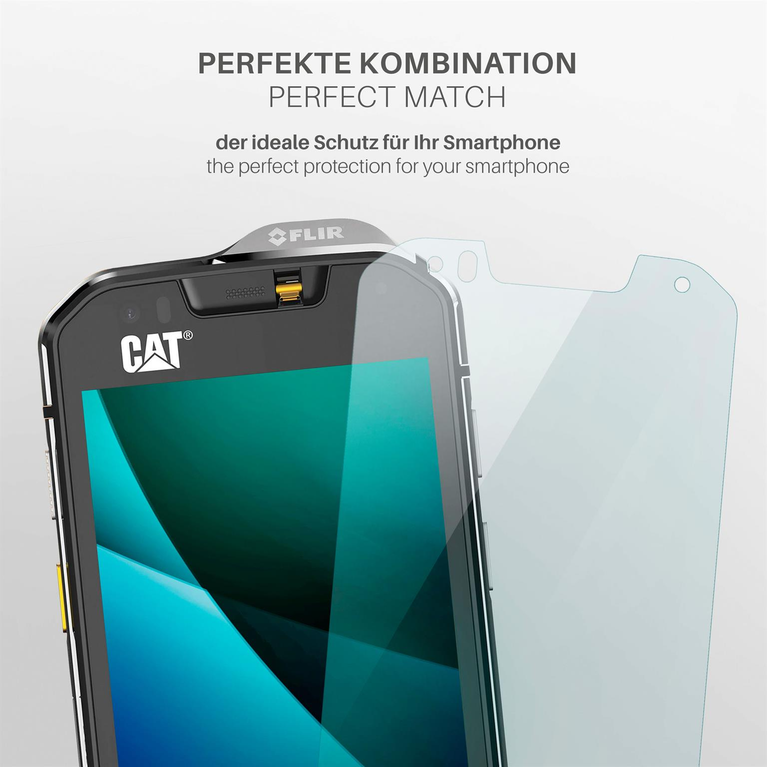Ein schwarzes CAT-Telefon mit einem Displayschutz daneben, mit dem Text „perfekte Kombination“ darüber.