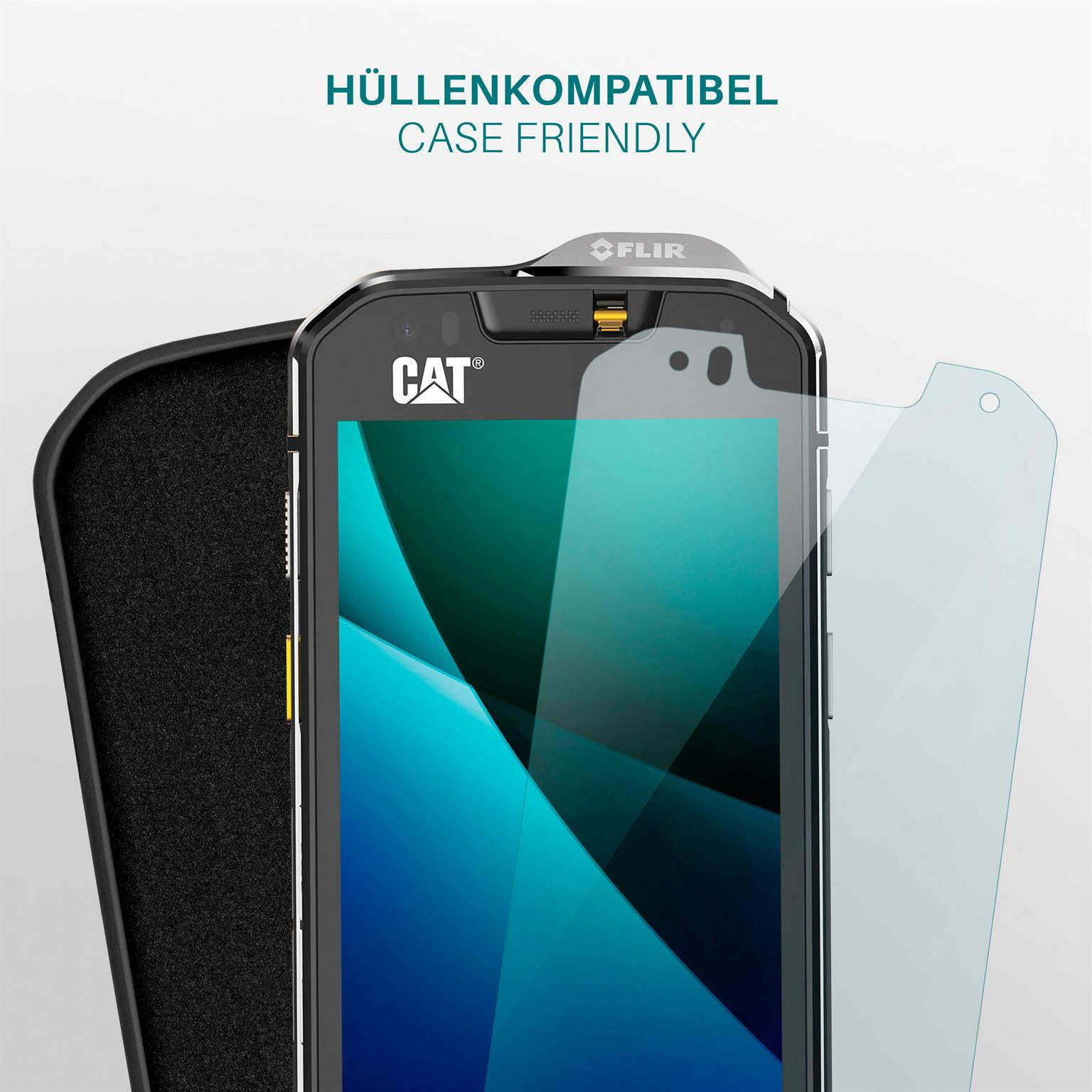 Ein Telefon mit angebrachter Displayschutzfolie, Text sagt Gehäusefreundlich.