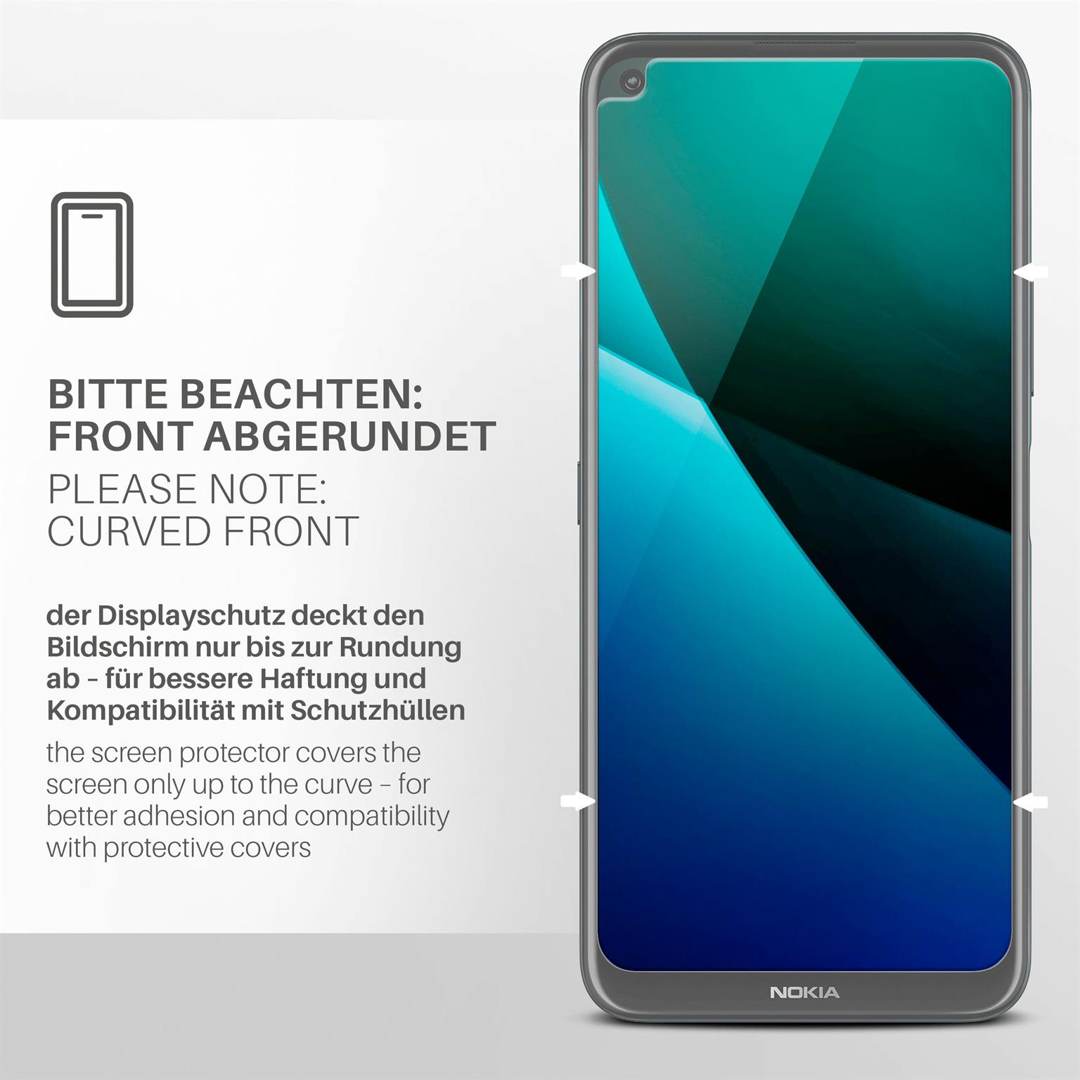 Ein Telefon mit Displayschutzfolie. Auf der linken Seite steht 'Abgerundete Front' und 'Bitte beachten'.