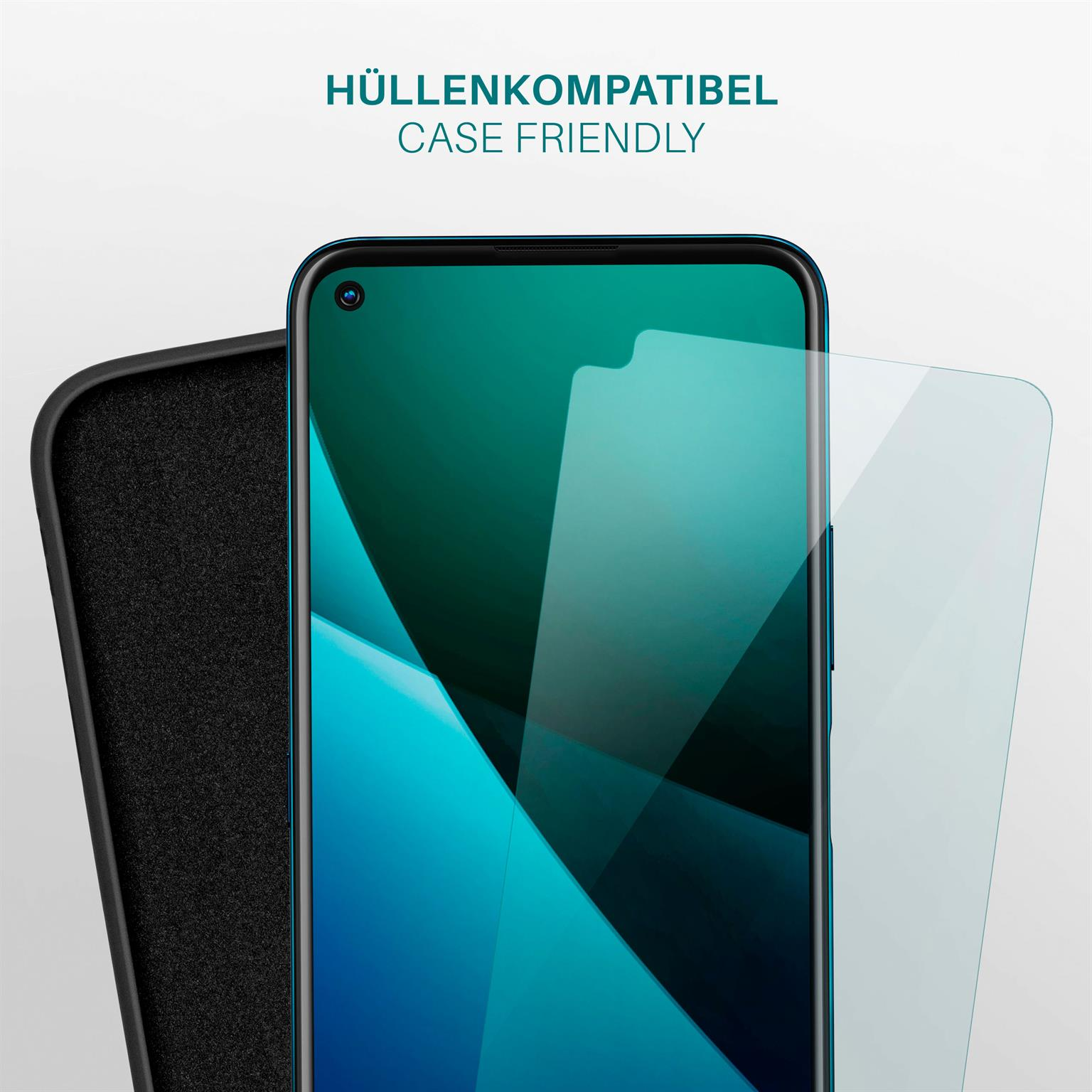Ein Telefon mit Displayschutz und einer Hülle daneben, der Bildschirm zeigt ein türkisfarbenes Bild.