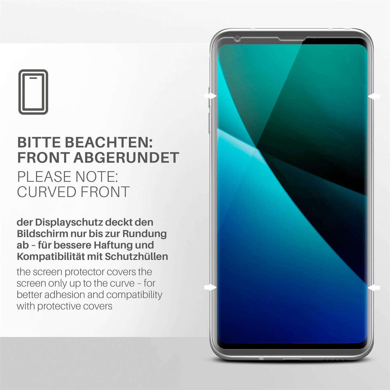 Displayschutzfolie auf Telefon, Text über die gewölbte Front.