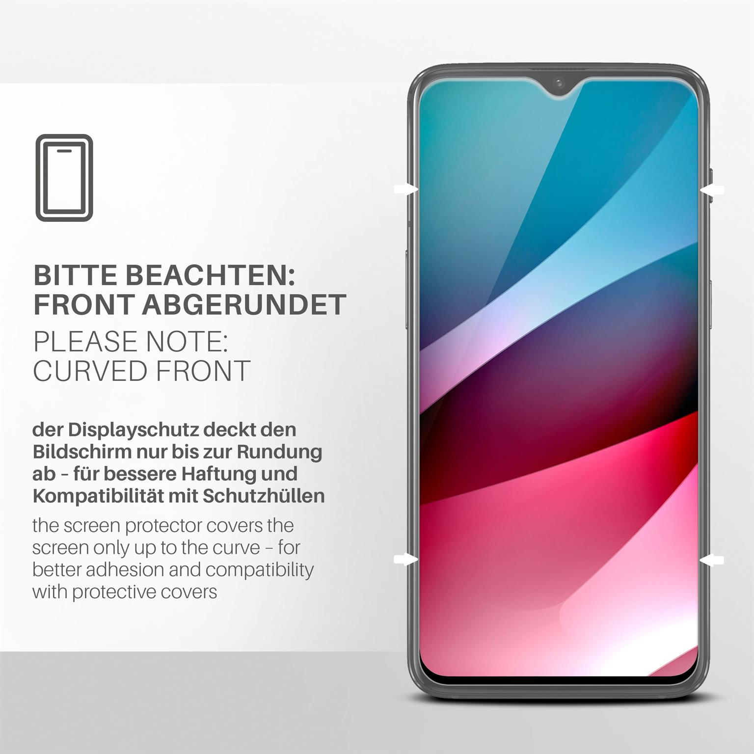 Smartphone mit gebogenem Frontdisplay und Text, der die gebogene Front anzeigt.