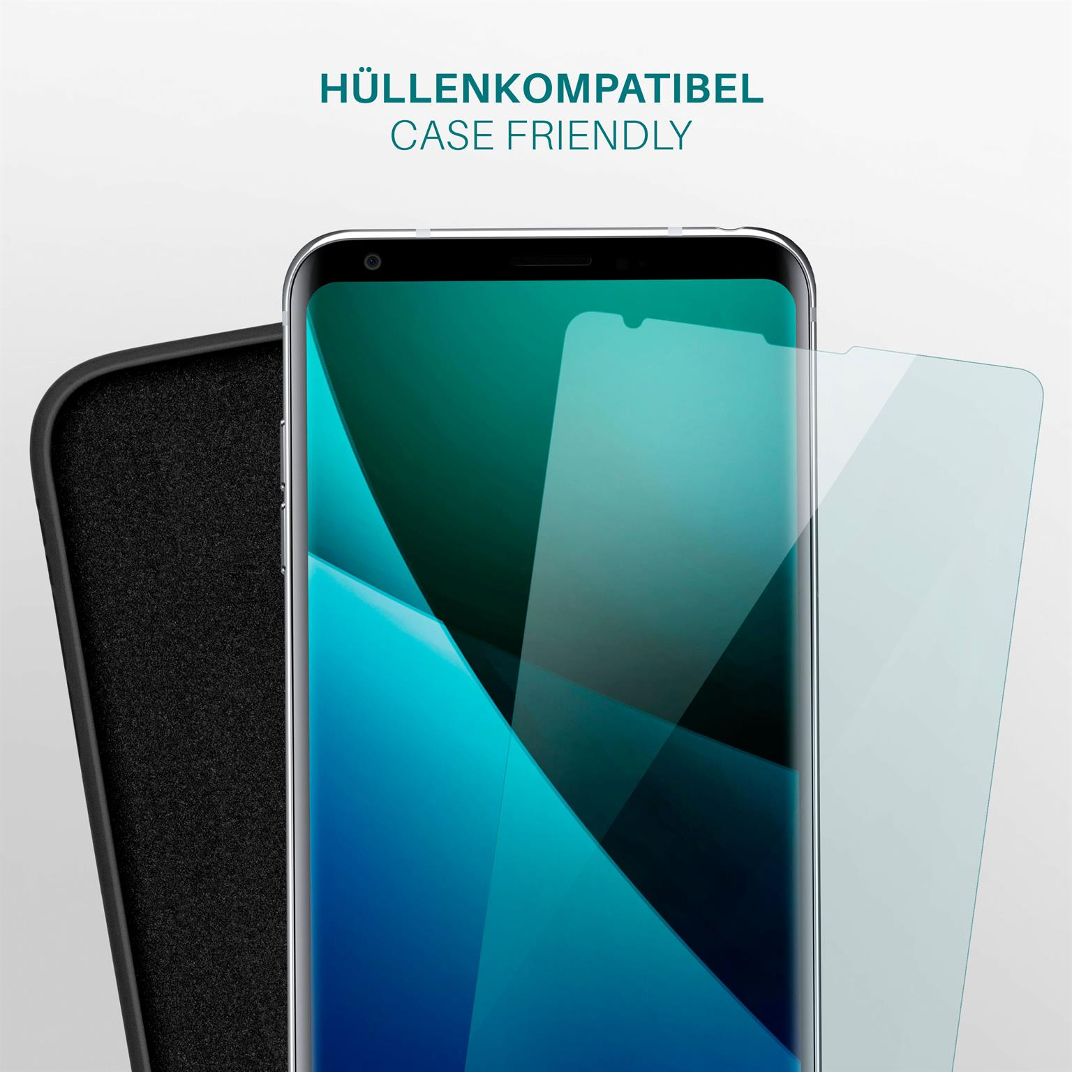 Telefon mit Displayschutz, Hülle und Text 'Case Friendly'. Blauer Bildschirm.