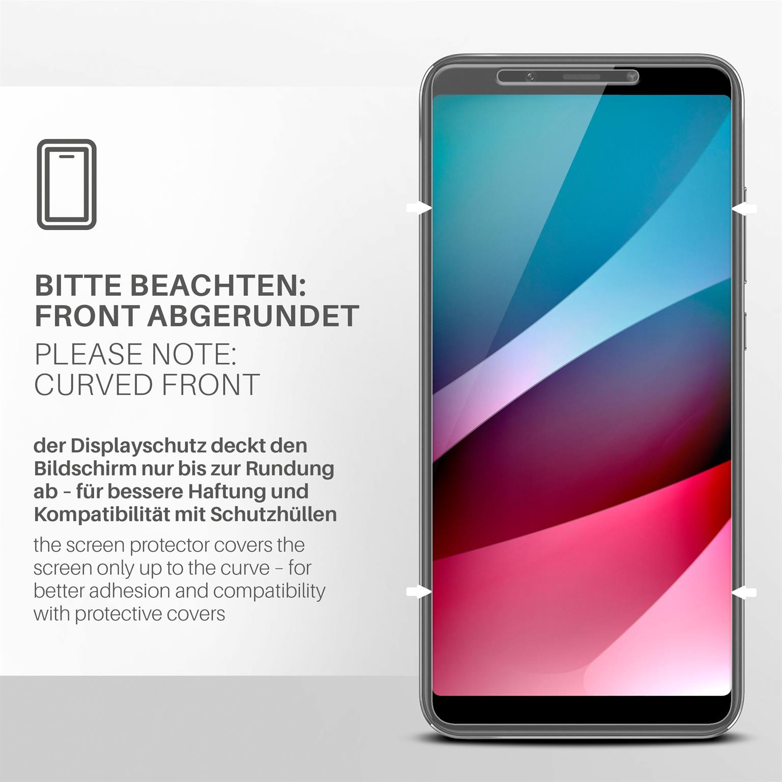 Ein Smartphone mit gewölbter Front, mit einer Displayschutzfolie, die den Bildschirm bedeckt. Text: „gewölbte Front“.