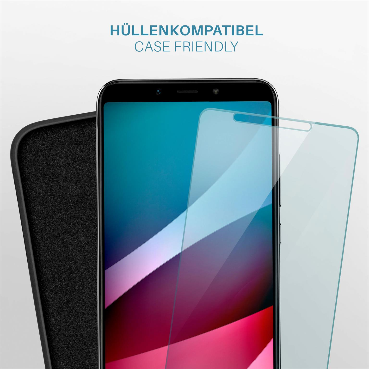 Schwarzes Telefon, Displayschutzfolie und schwarzes Gehäuse. Text 'Case Friendly'.