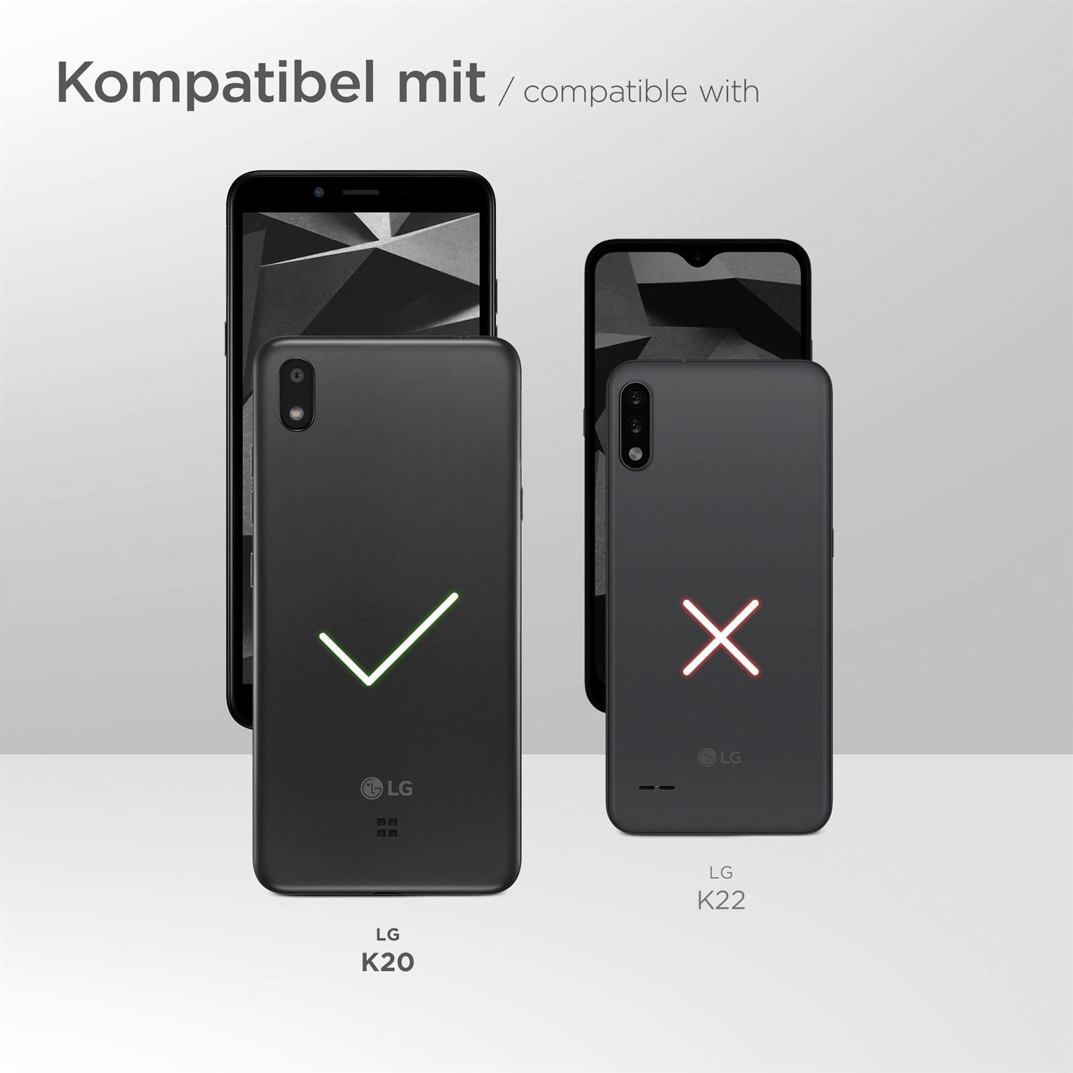 Zwei Telefone in Hüllen. Ein Telefon (LG K20) passt, mit Haken markiert. Das andere (LG K22) nicht, X.
