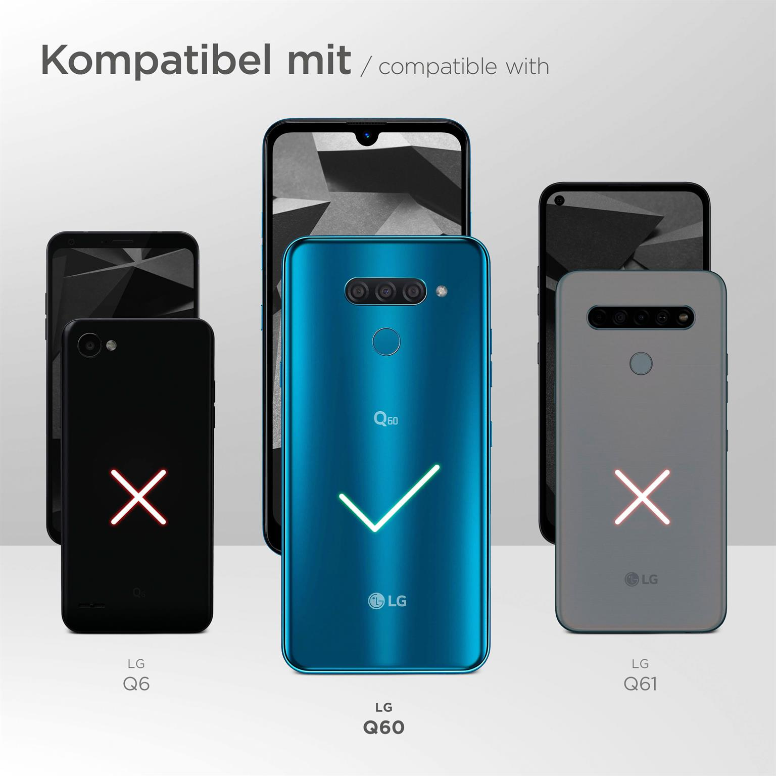 Fünf Smartphones. Ein blaues LG Q60 ist als kompatibel gekennzeichnet, andere nicht.