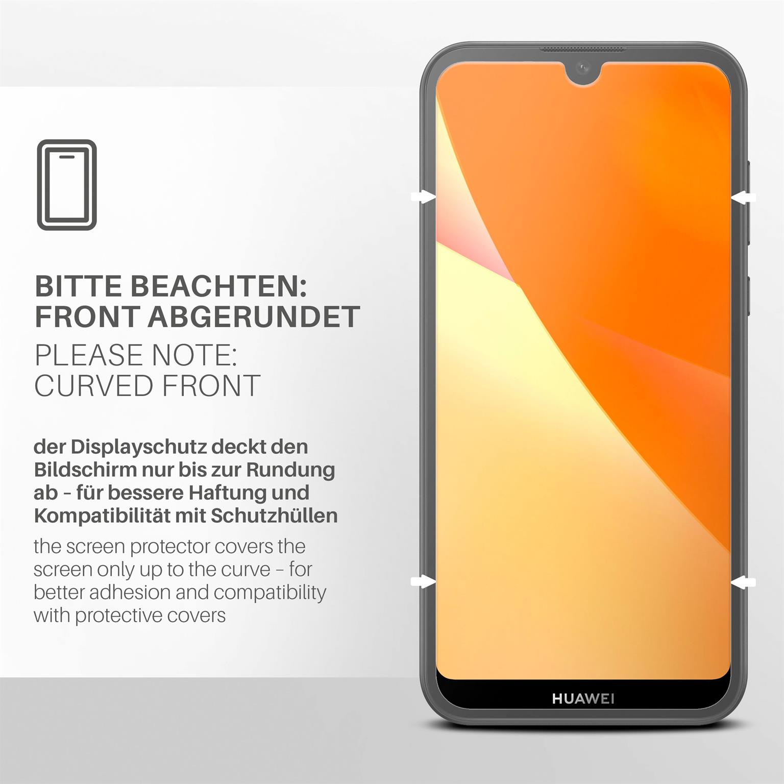 Telefon mit orangefarbenem Bildschirm und Displayschutz. Text: Bitte beachten: abgerundete Front.
