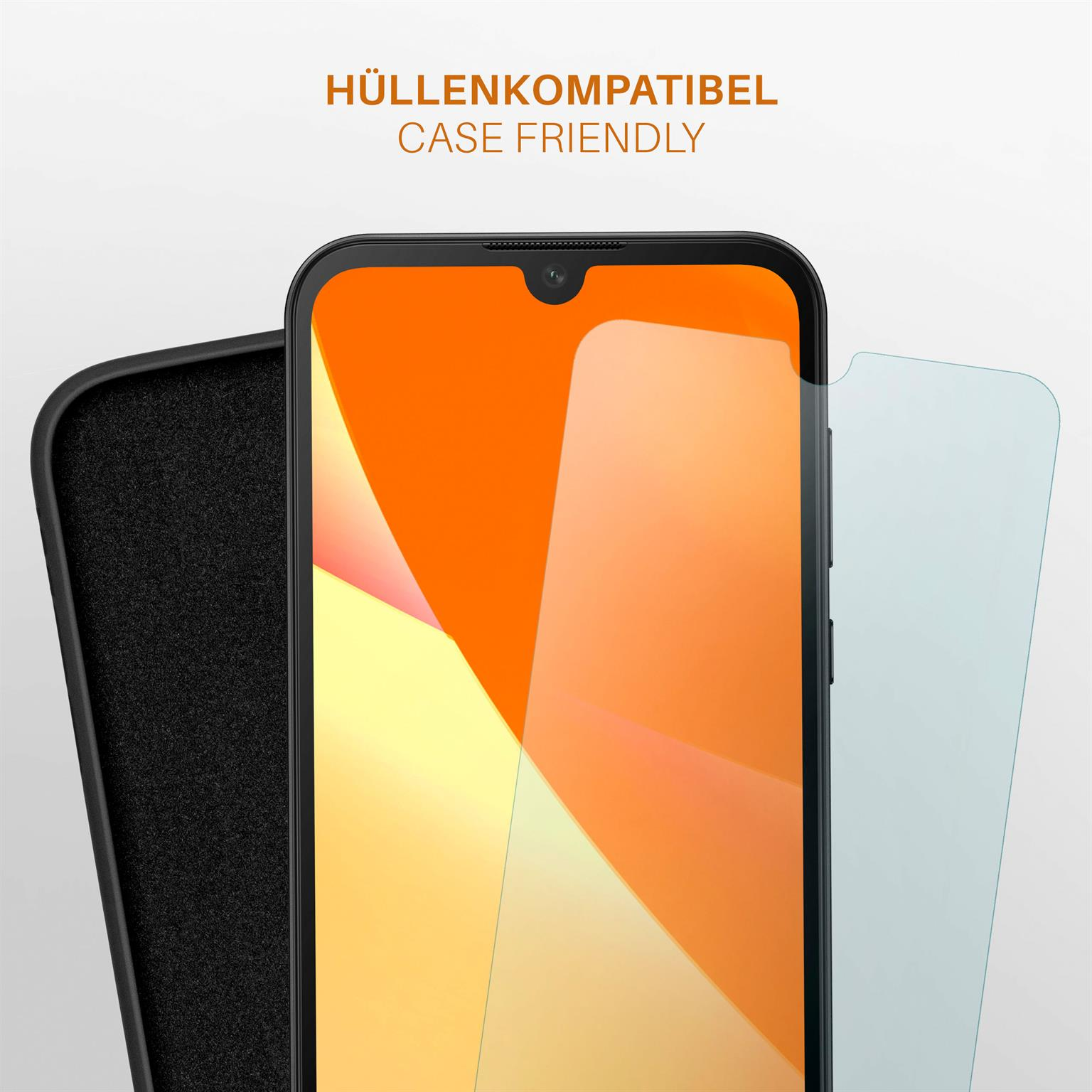 Ein Telefon mit Displayschutz und Hülle. Text: Hüllenkompatibel.