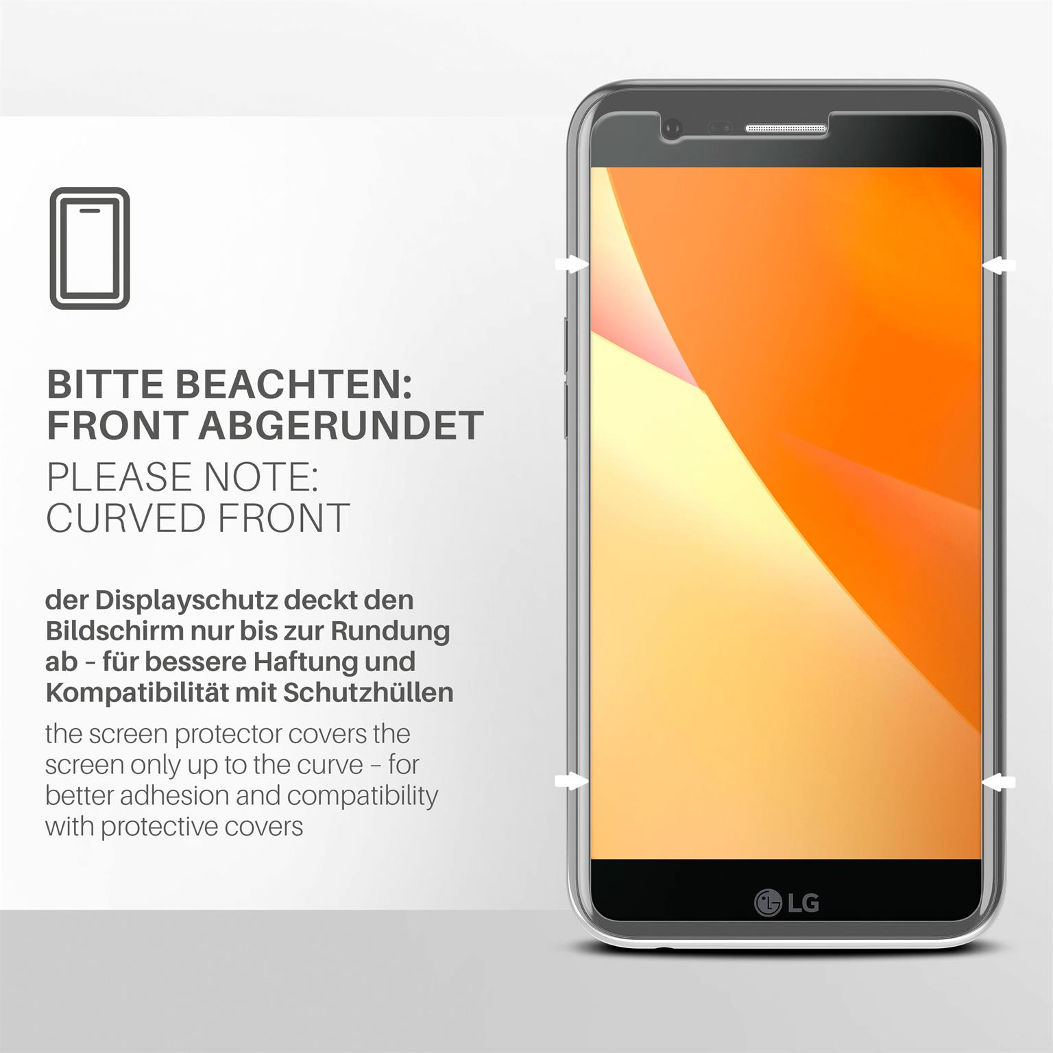 Telefon mit Displayschutz, Text über gekrümmte Vorderseite. Weißer Hintergrund. Klare Hülle.