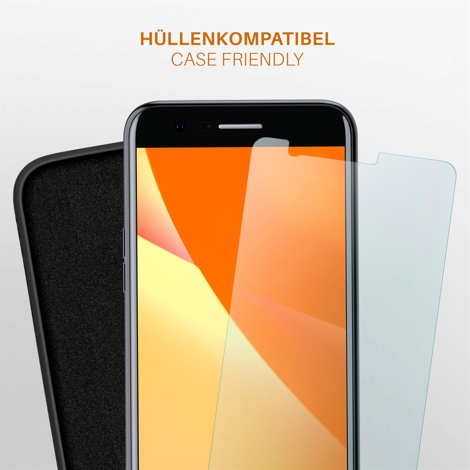 Smartphone mit Displayschutzfolie und Hülle. Die Hülle ist schwarz, der Bildschirm zeigt eine orangefarbene Oberfläche.