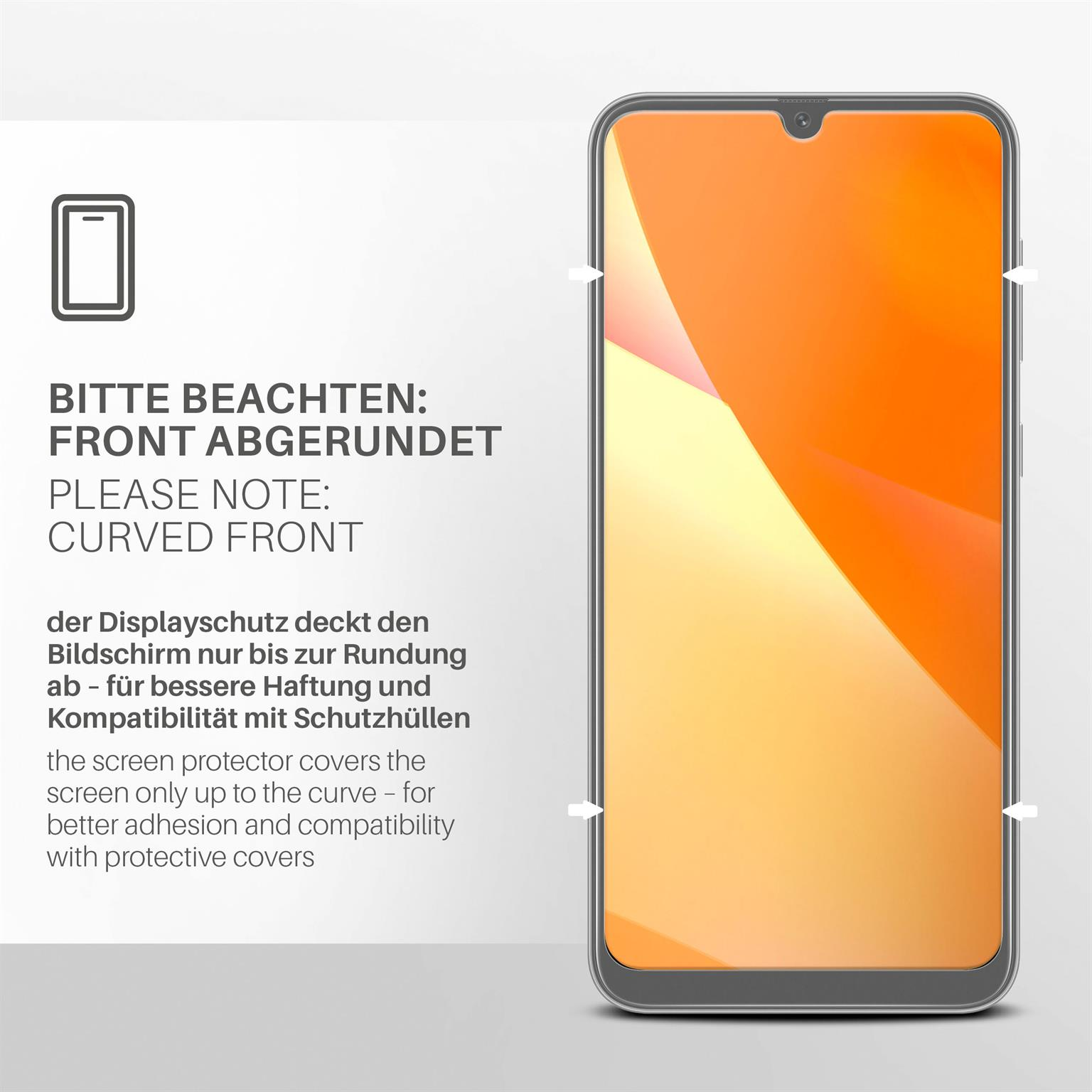 Handy-Bildschirm mit Displayschutzfolie. Text: Abgerundete Front. Pfeile zeigen Bildschirmabdeckung.