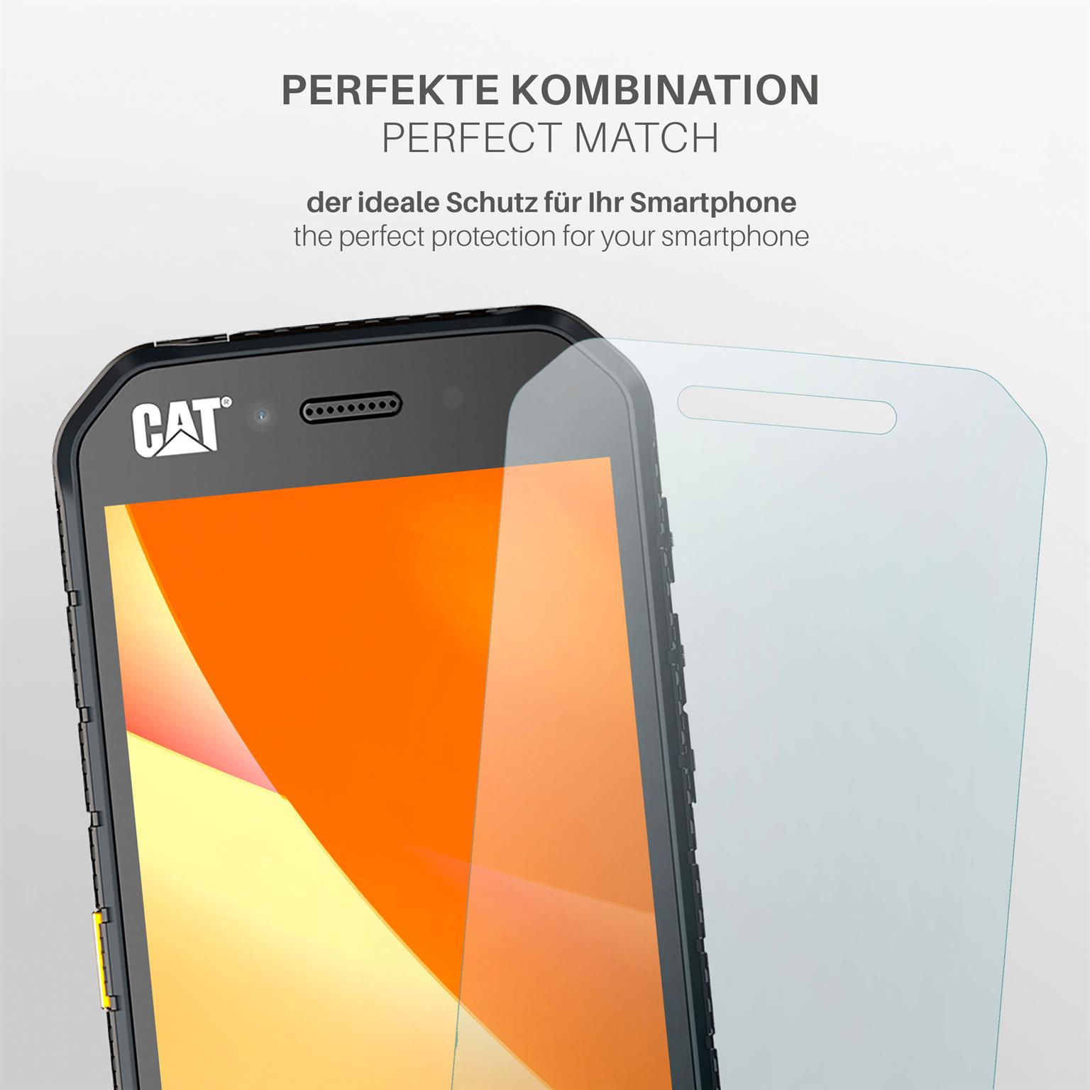 Ein CAT-Telefon und eine Displayschutzfolie werden gezeigt. Das Telefon hat einen orangefarbenen Bildschirm. Text: Perfect Match.