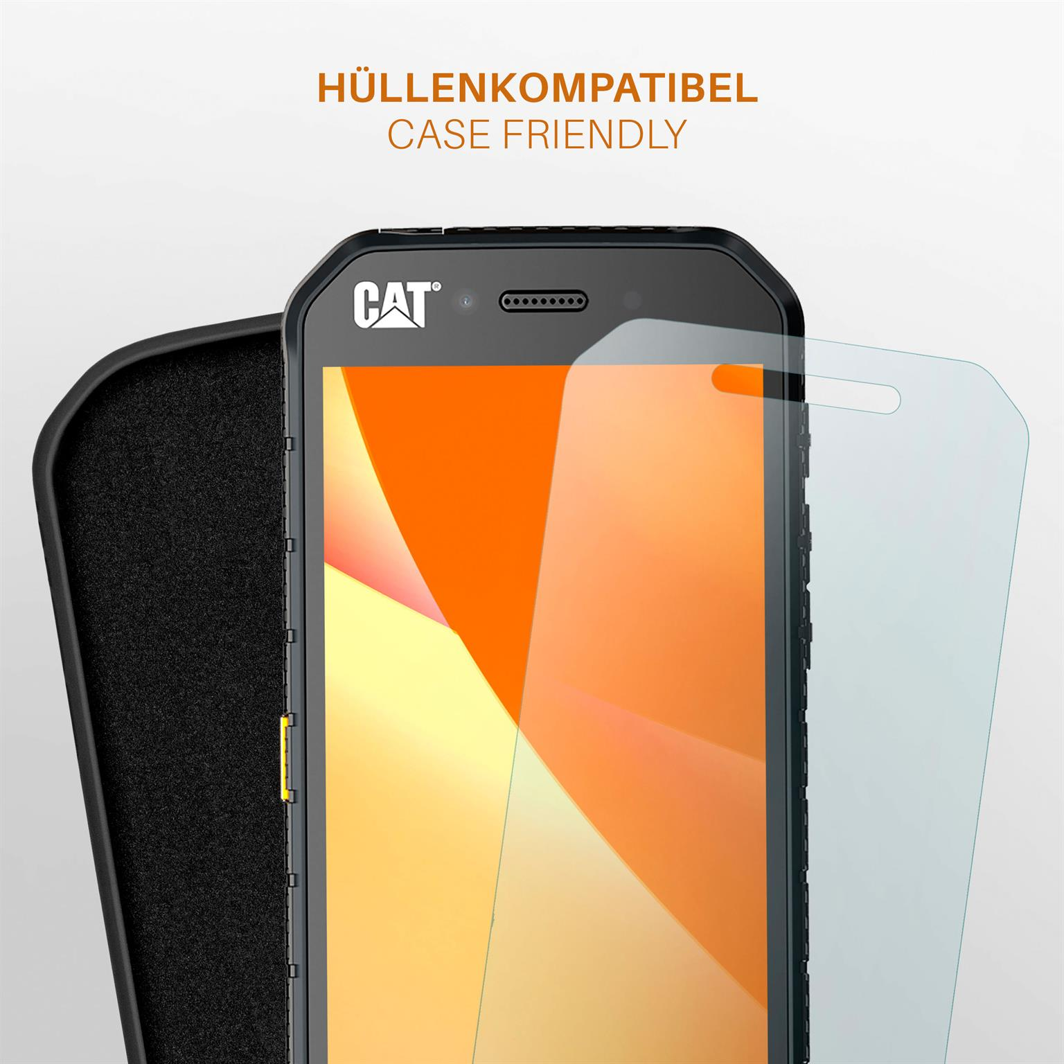 Telefon und Hülle mit Displayschutz, zeigt Gehäuse-freundliche Kompatibilität.